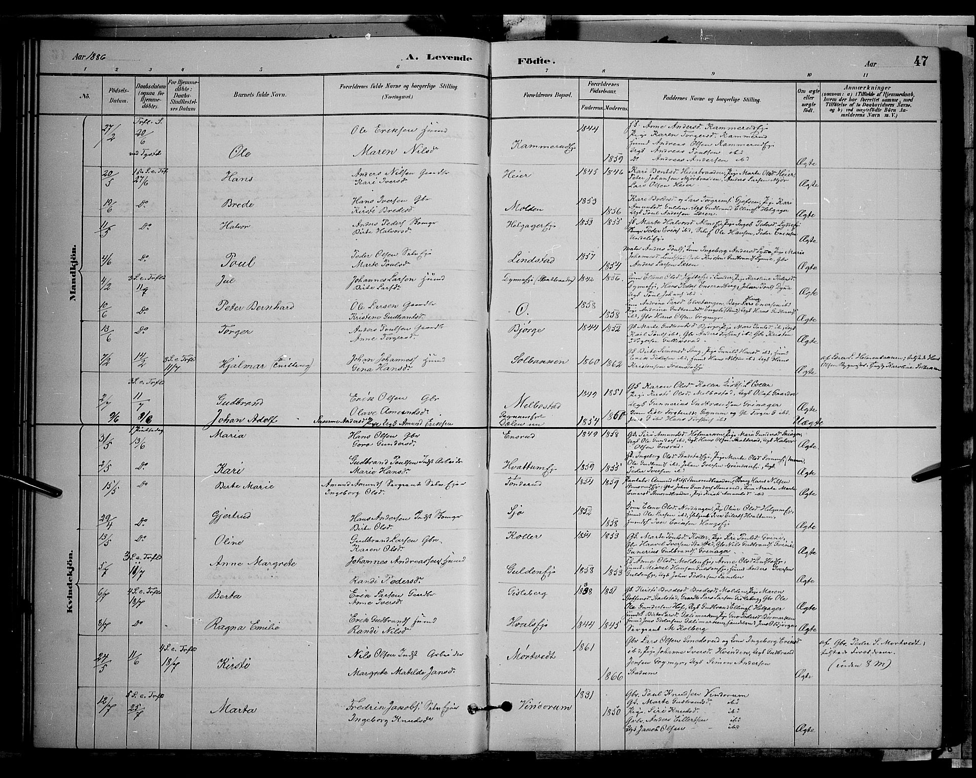 Gran prestekontor, AV/SAH-PREST-112/H/Ha/Hab/L0002: Parish register (copy) no. 2, 1879-1892, p. 47