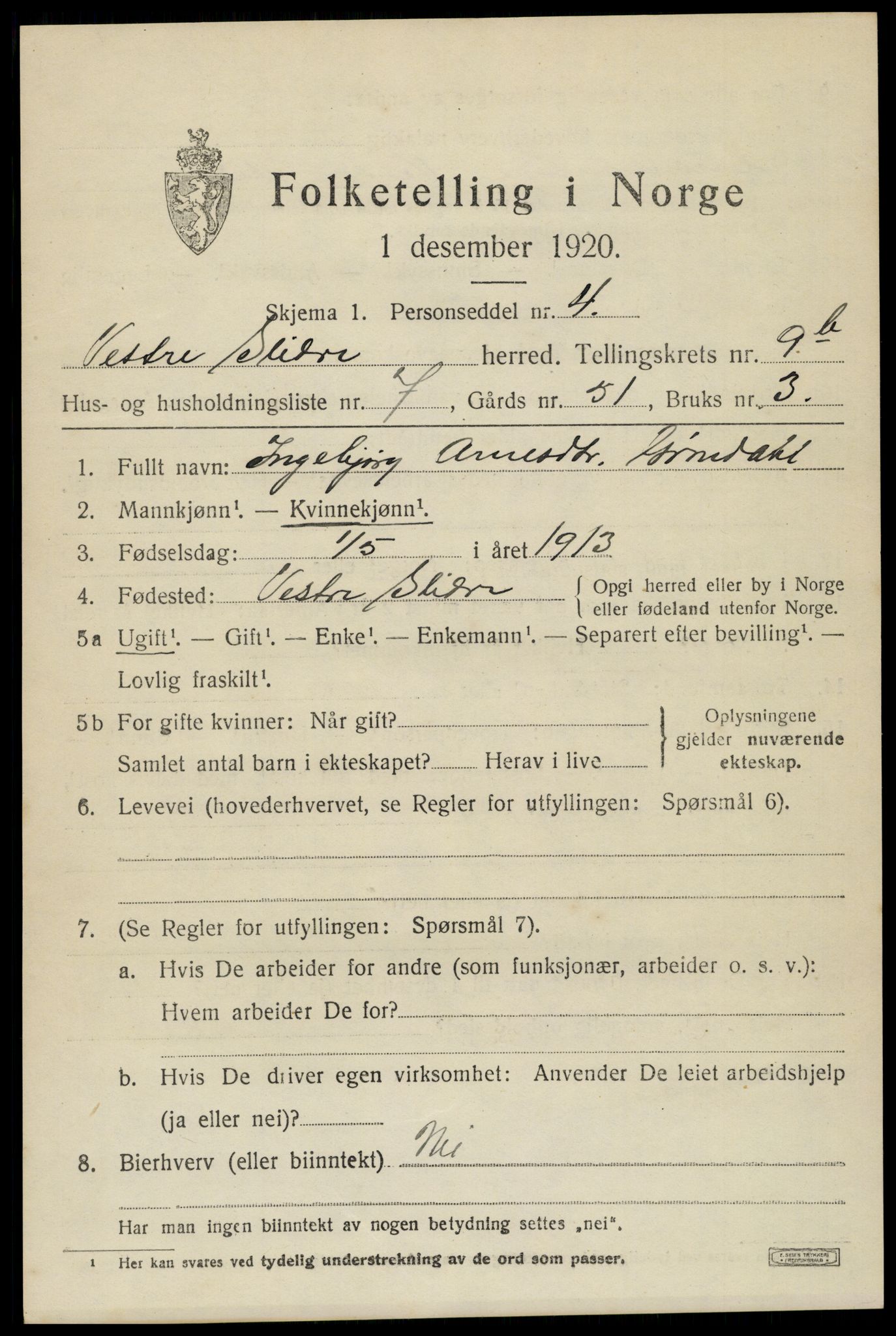 SAH, 1920 census for Vestre Slidre, 1920, p. 5686