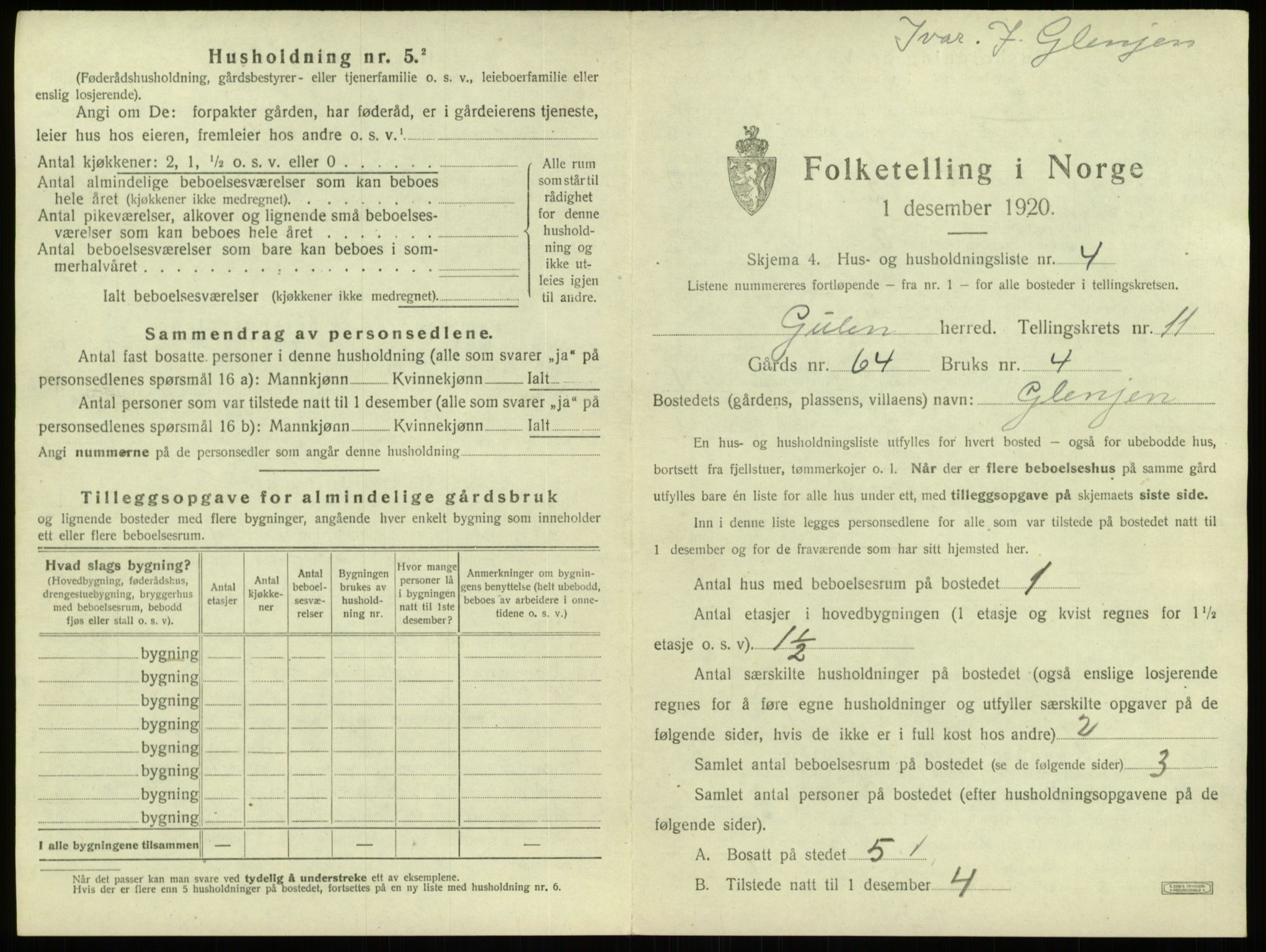 SAB, 1920 census for Gulen, 1920, p. 694