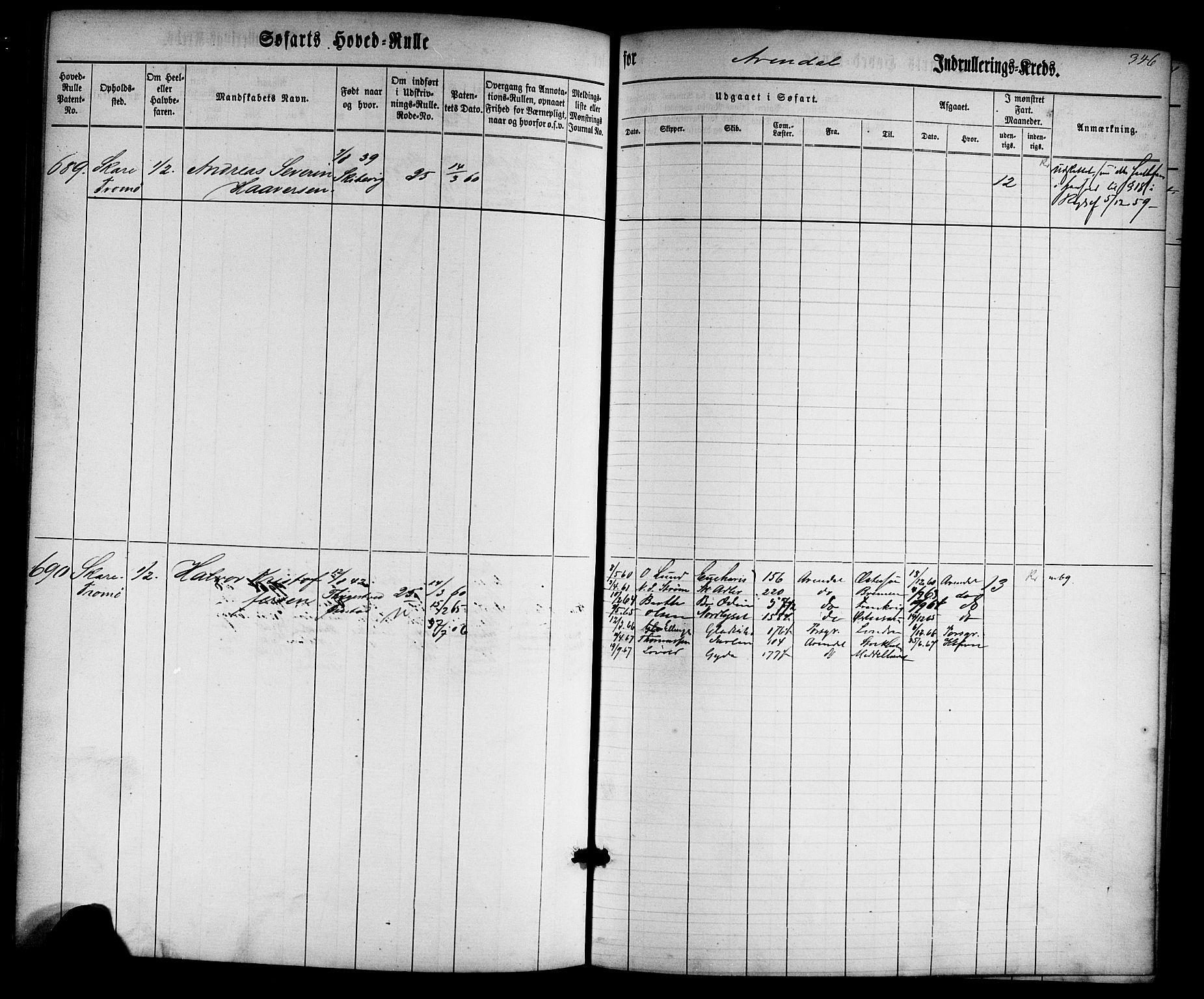 Arendal mønstringskrets, AV/SAK-2031-0012/F/Fb/L0001: Hovedrulle nr 1-766 uten register, E-2, 1860-1868, p. 356