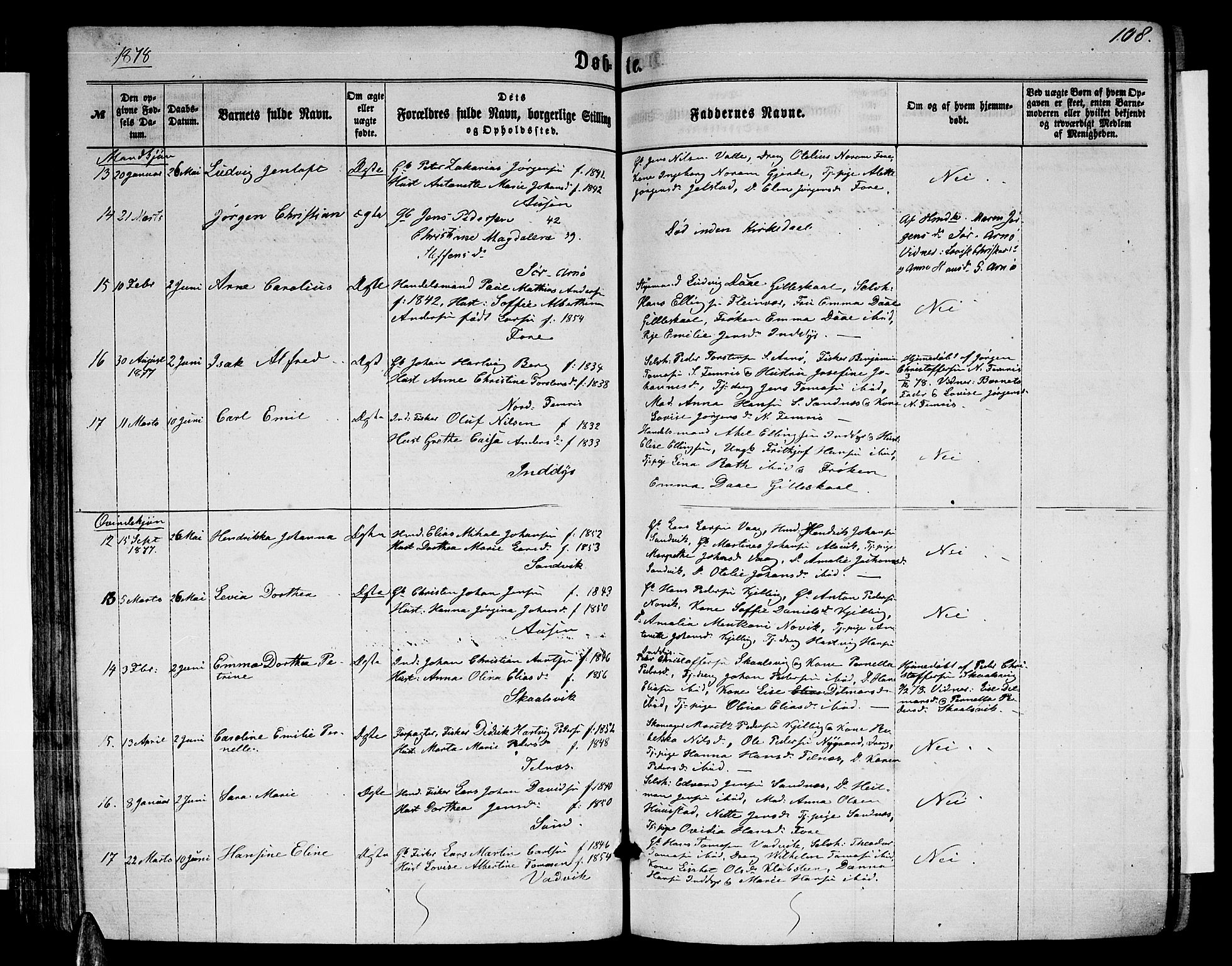 Ministerialprotokoller, klokkerbøker og fødselsregistre - Nordland, AV/SAT-A-1459/805/L0107: Parish register (copy) no. 805C03, 1862-1885, p. 108