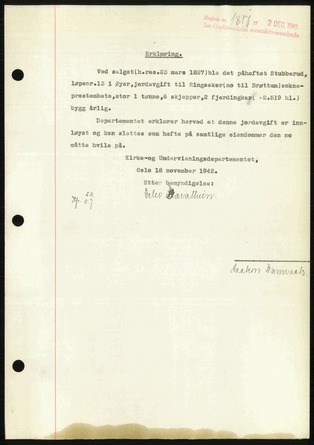 Sør-Gudbrandsdal tingrett, SAH/TING-004/H/Hb/Hbf/L0002: Mortgage book no. C1, 1938-1951, Diary no: : 1817/1942