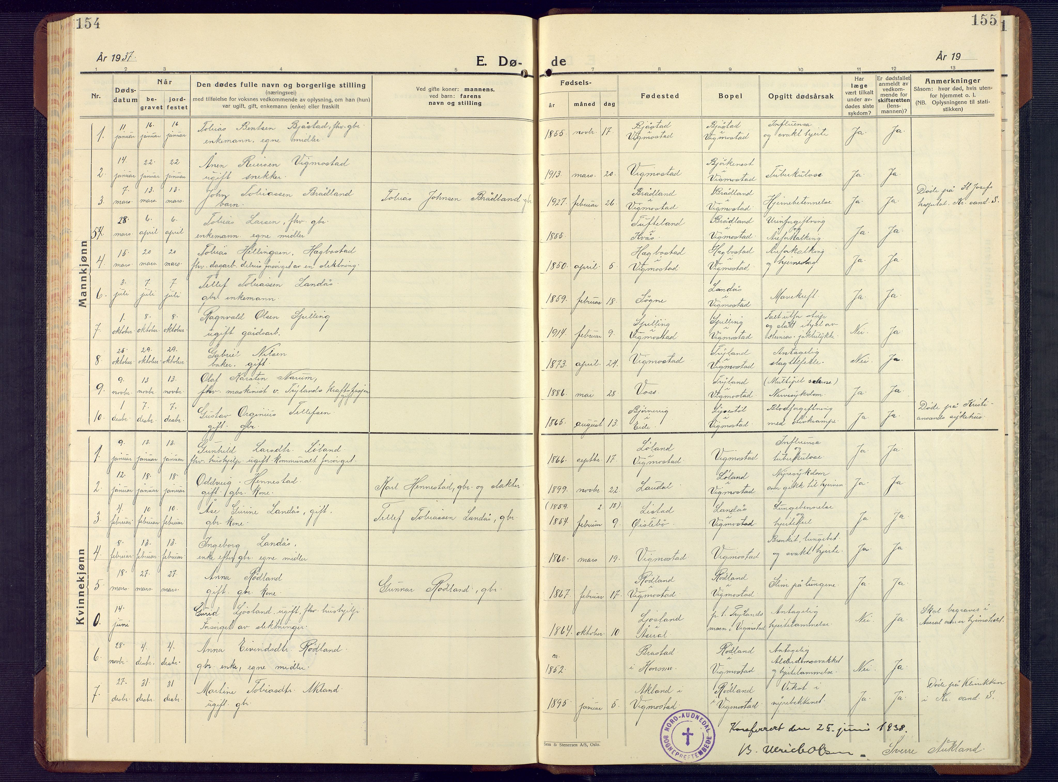 Nord-Audnedal sokneprestkontor, AV/SAK-1111-0032/F/Fb/Fbb/L0006: Parish register (copy) no. B 6, 1930-1948, p. 154-155