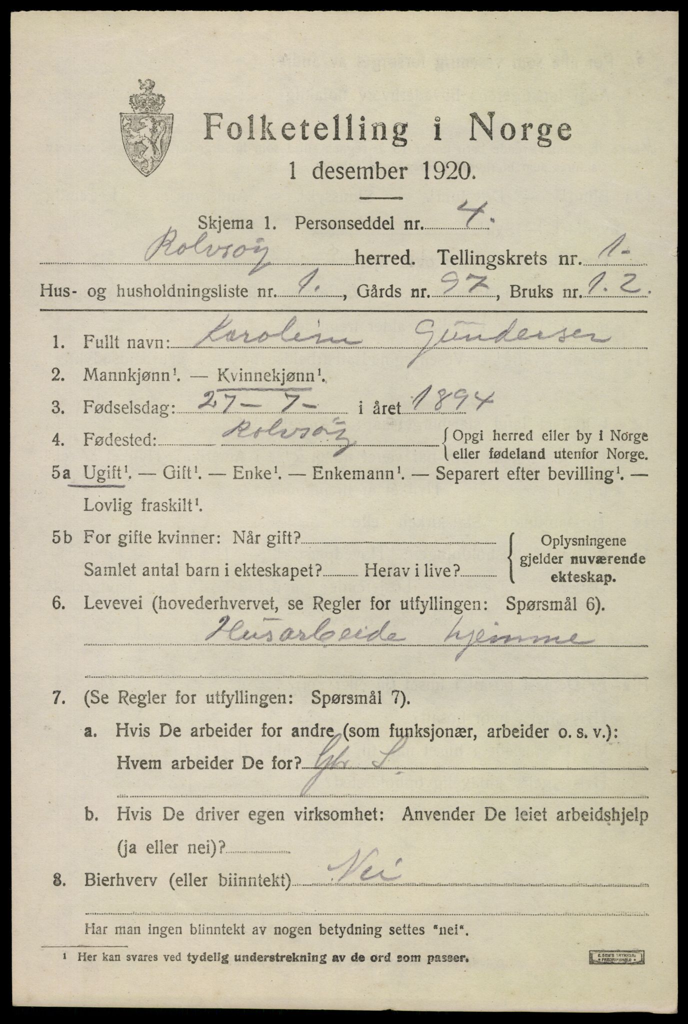 SAO, 1920 census for Rolvsøy, 1920, p. 907