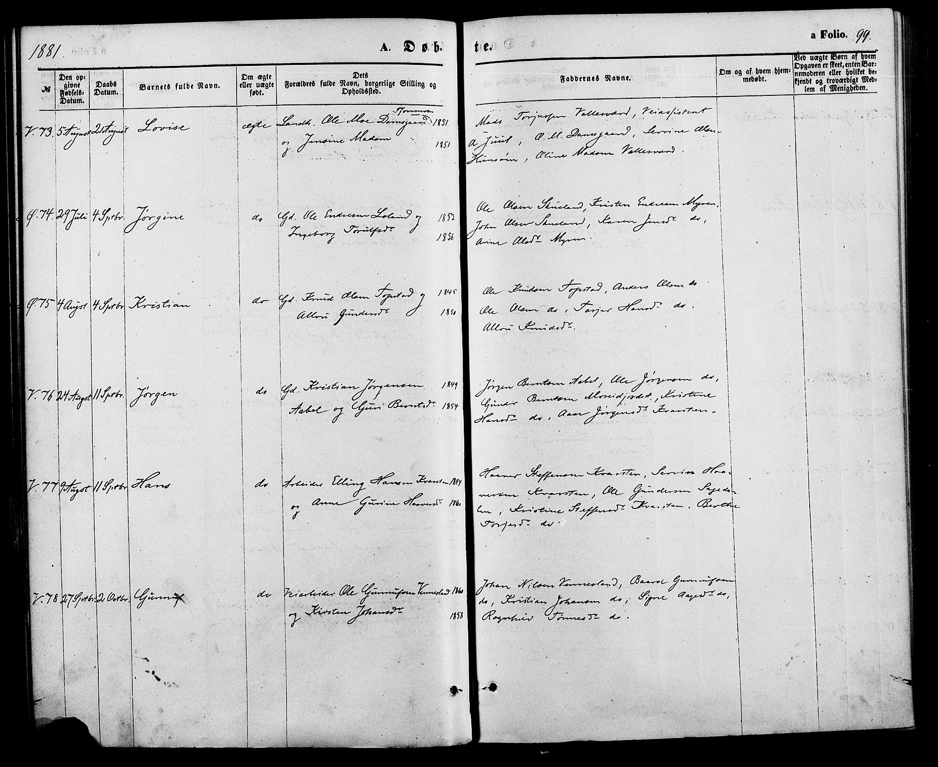 Vennesla sokneprestkontor, AV/SAK-1111-0045/Fa/Fac/L0008: Parish register (official) no. A 8, 1874-1883, p. 99