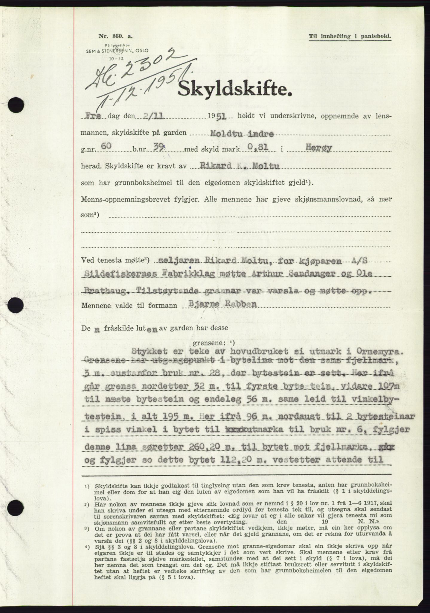 Søre Sunnmøre sorenskriveri, AV/SAT-A-4122/1/2/2C/L0090: Mortgage book no. 16A, 1951-1951, Diary no: : 2302/1951