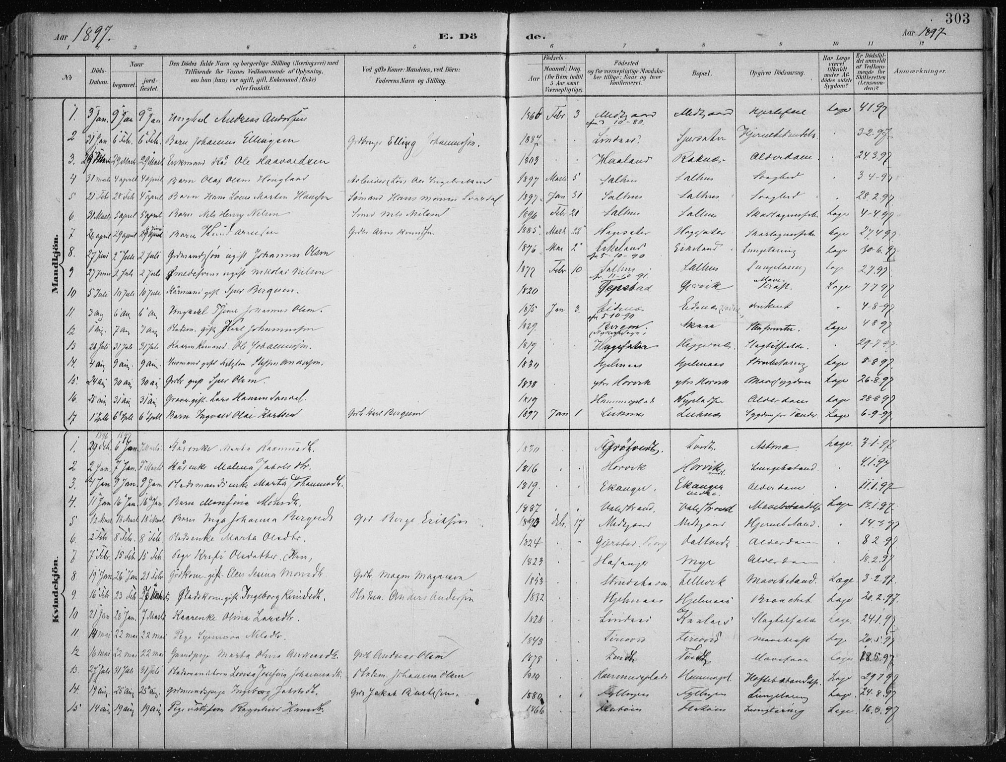 Hamre sokneprestembete, SAB/A-75501/H/Ha/Haa/Haab/L0001: Parish register (official) no. B  1, 1882-1905, p. 303