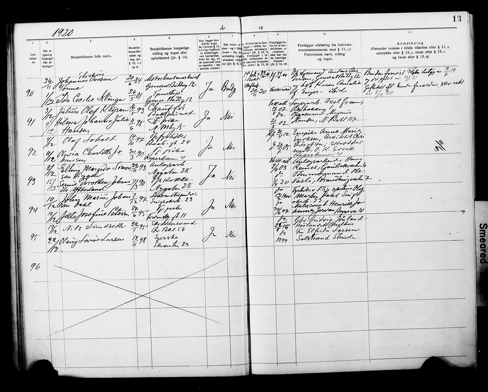 Ministerialprotokoller, klokkerbøker og fødselsregistre - Sør-Trøndelag, SAT/A-1456/604/L0196: Banns register no. 604A17, 1919-1927, p. 13