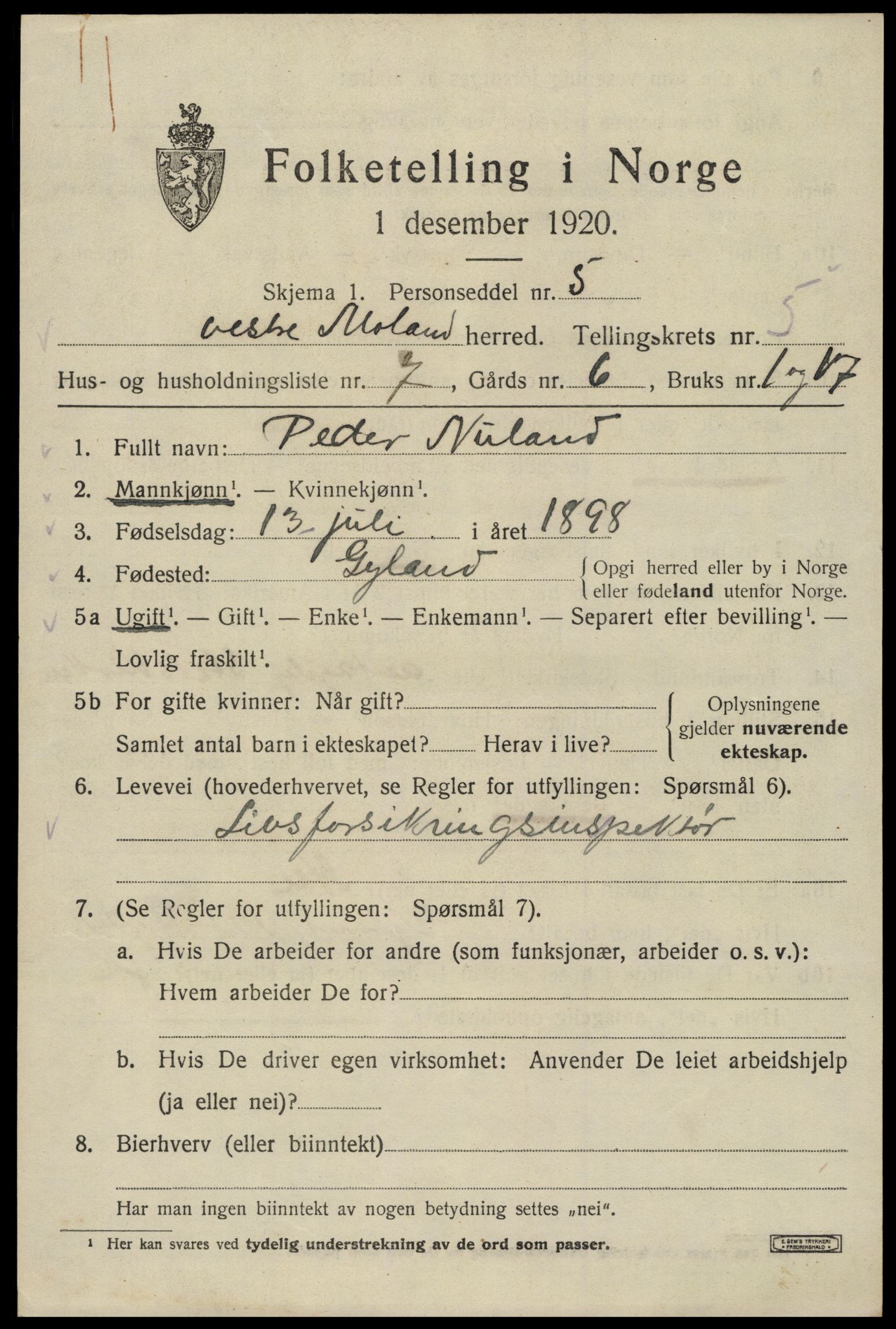 SAK, 1920 census for Vestre Moland, 1920, p. 3855