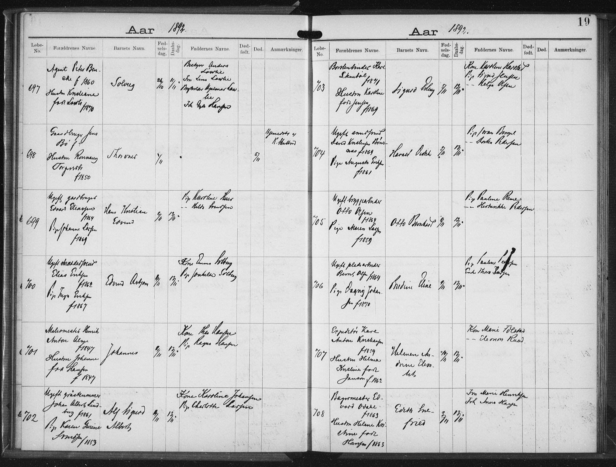 Rikshospitalet prestekontor Kirkebøker, AV/SAO-A-10309b/K/L0004/0001: Baptism register no. 4.1, 1892-1895, p. 19