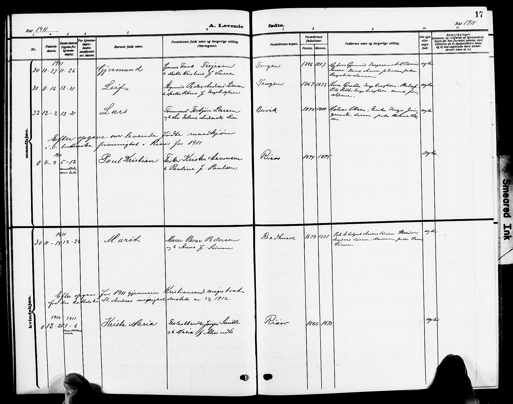 Risør sokneprestkontor, AV/SAK-1111-0035/F/Fb/L0008: Parish register (copy) no. B 8, 1909-1921, p. 17