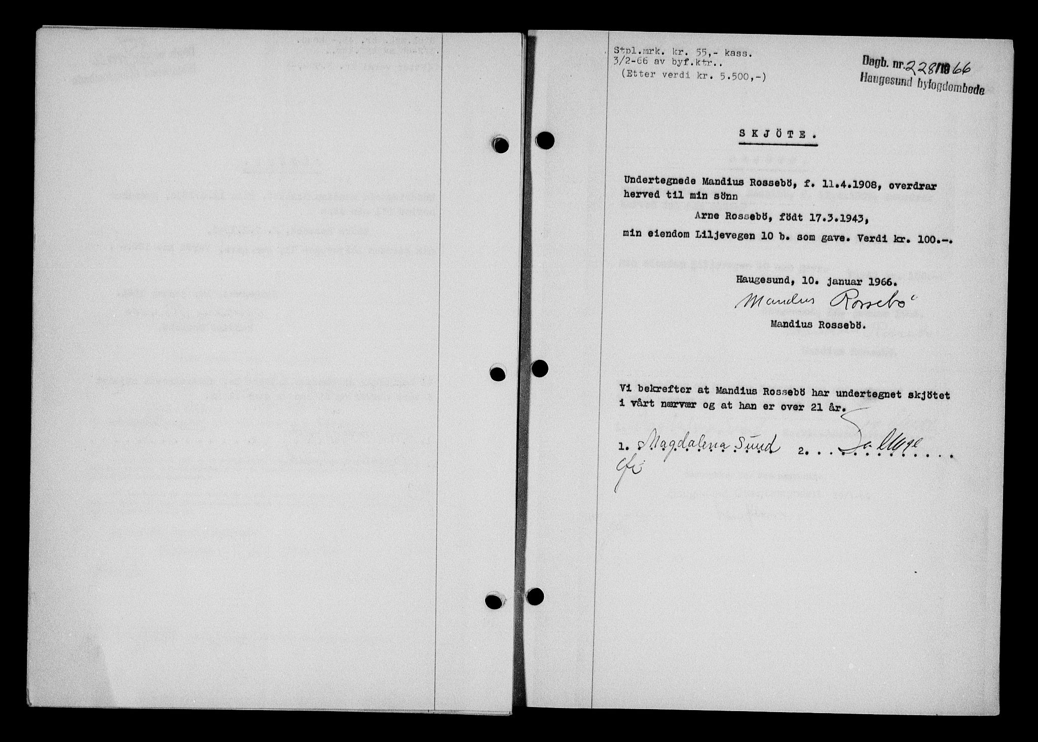 Haugesund tingrett, AV/SAST-A-101415/01/II/IIC/L0076: Mortgage book no. A 17, 1965-1966, Diary no: : 228/1966