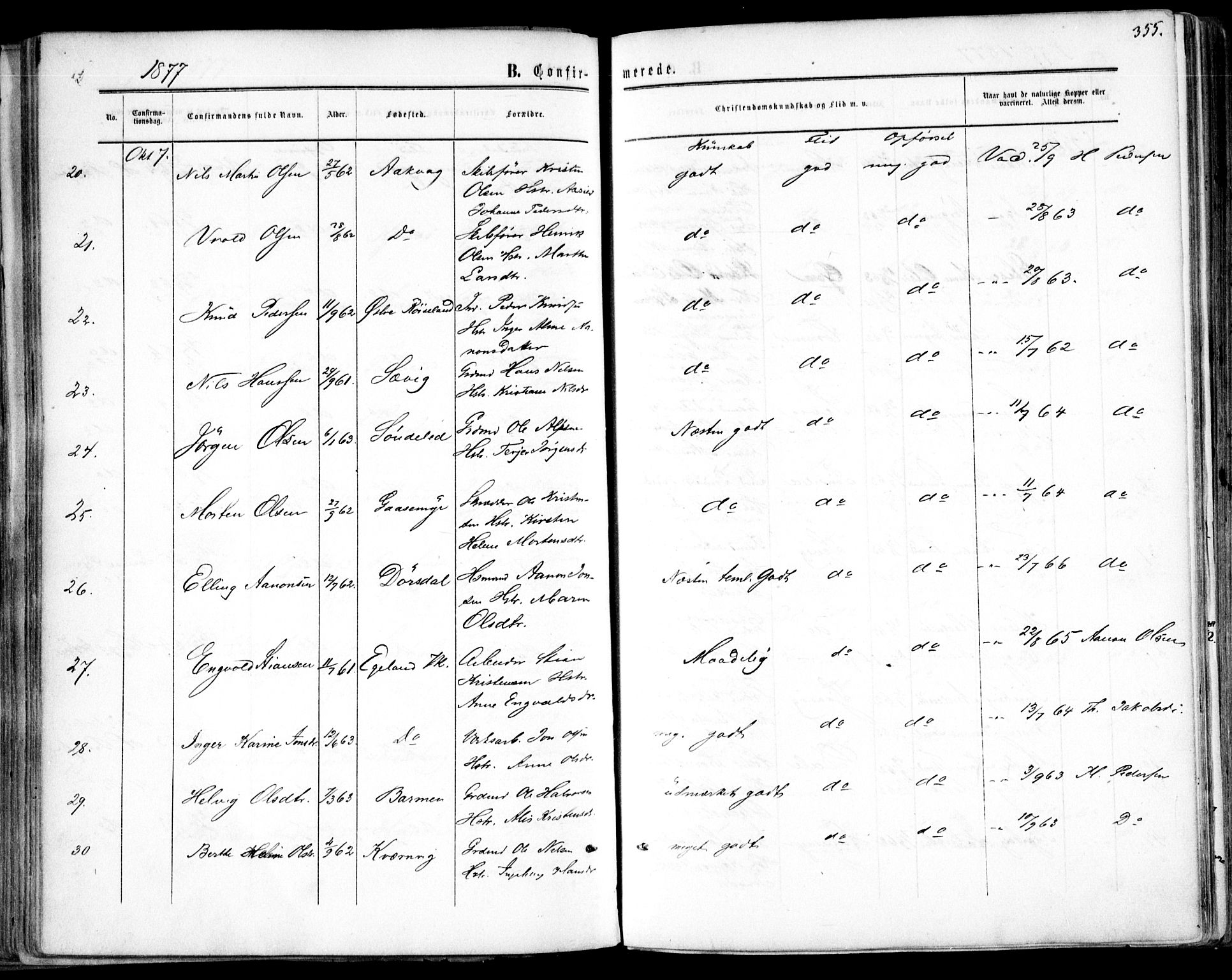Søndeled sokneprestkontor, SAK/1111-0038/F/Fa/L0003: Parish register (official) no. A 3, 1861-1879, p. 355