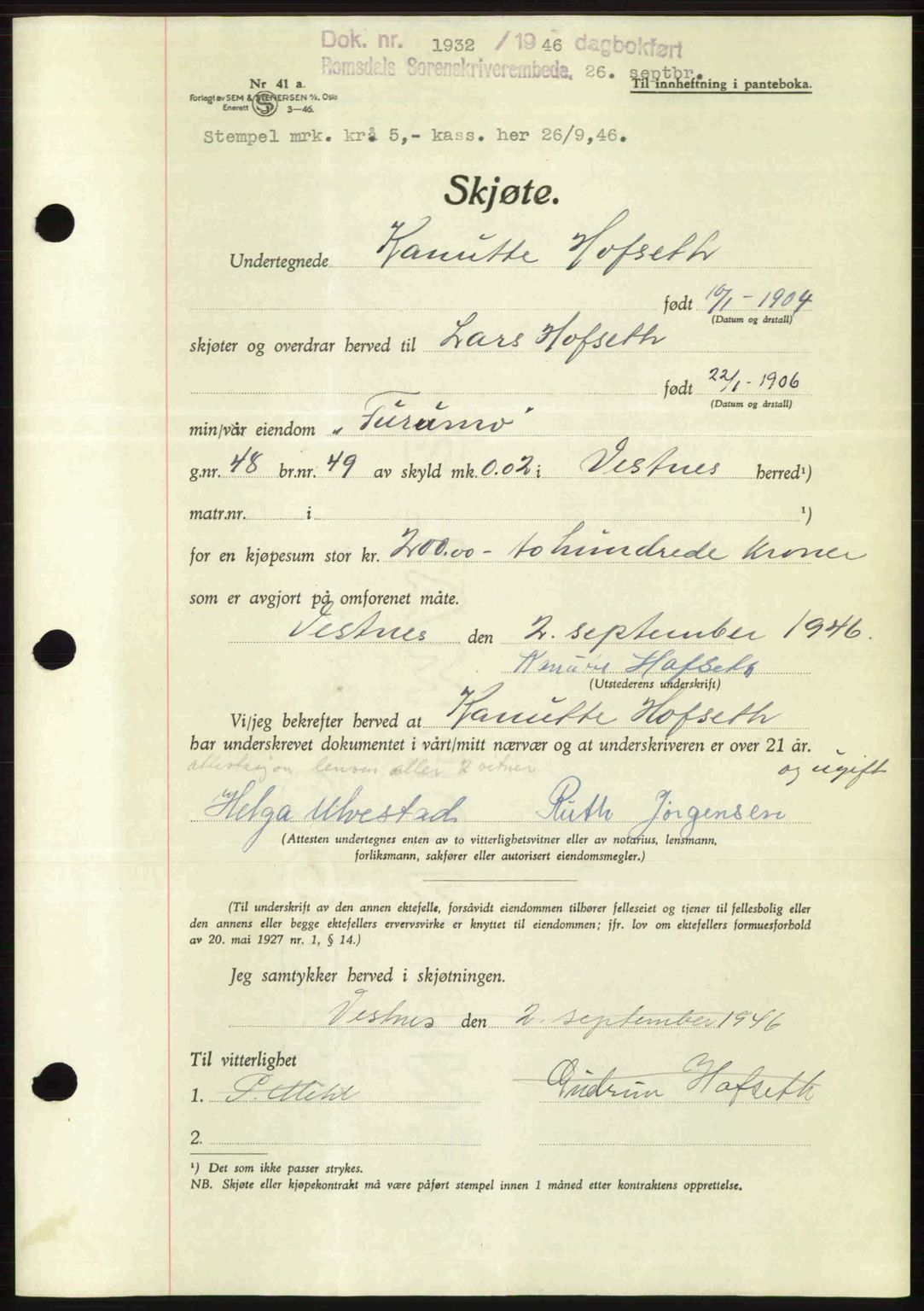 Romsdal sorenskriveri, AV/SAT-A-4149/1/2/2C: Mortgage book no. A20, 1946-1946, Diary no: : 1932/1946