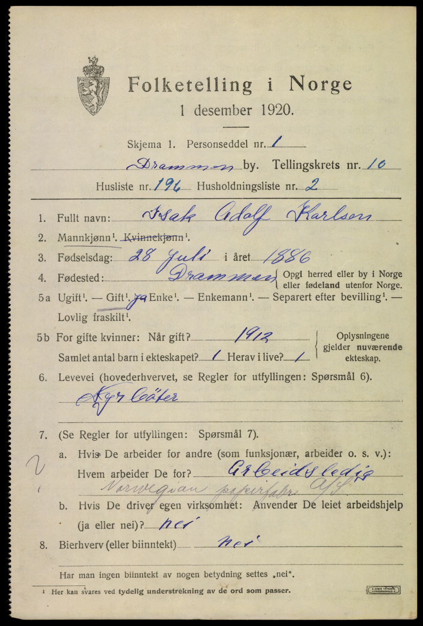 SAKO, 1920 census for Drammen, 1920, p. 65807