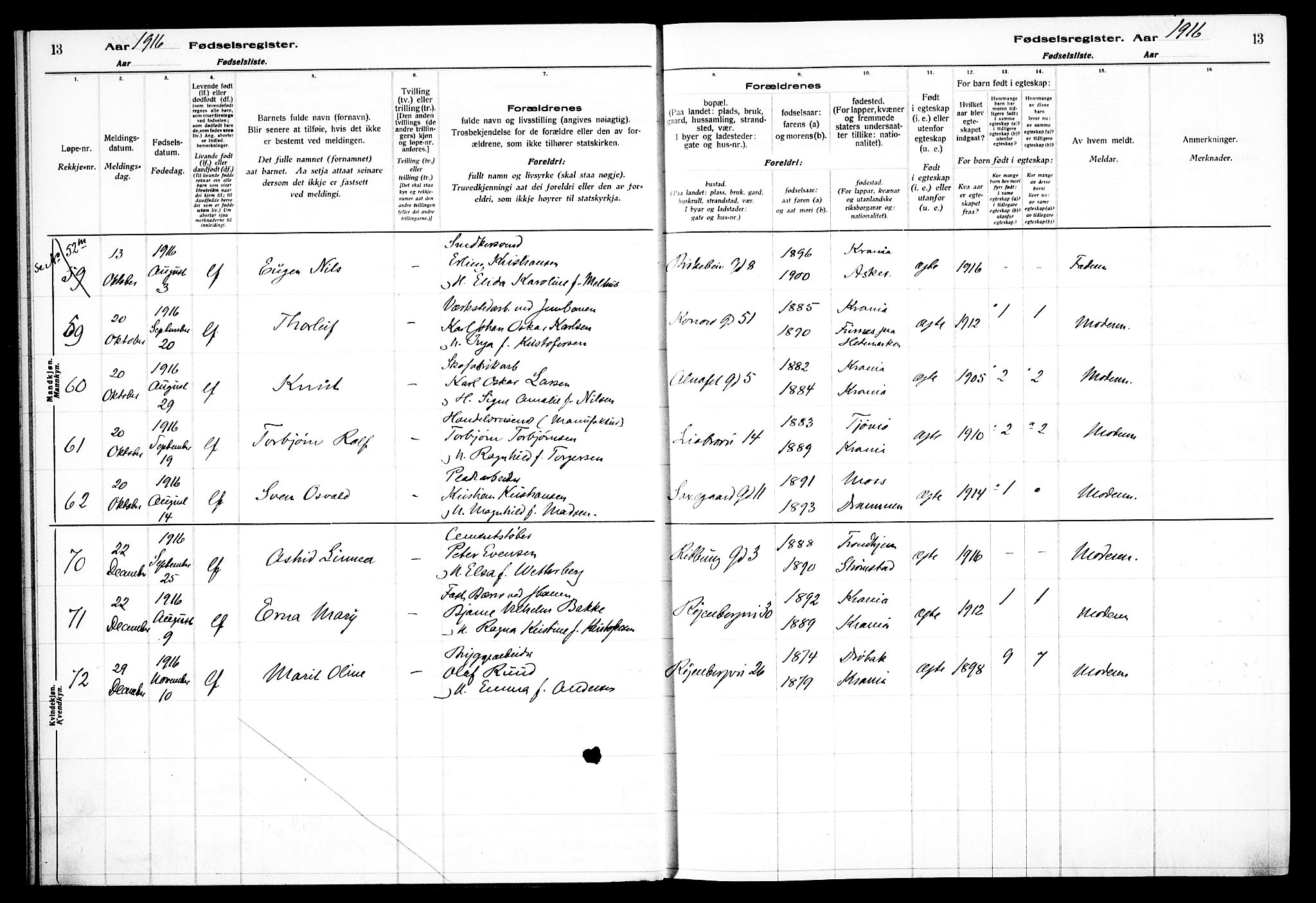 Gamlebyen prestekontor Kirkebøker, AV/SAO-A-10884/J/Ja/L0001: Birth register no. 1, 1916-1936, p. 13