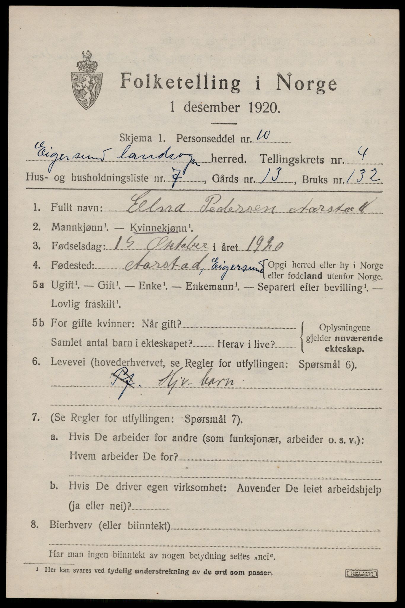 SAST, 1920 census for Eigersund, 1920, p. 2893