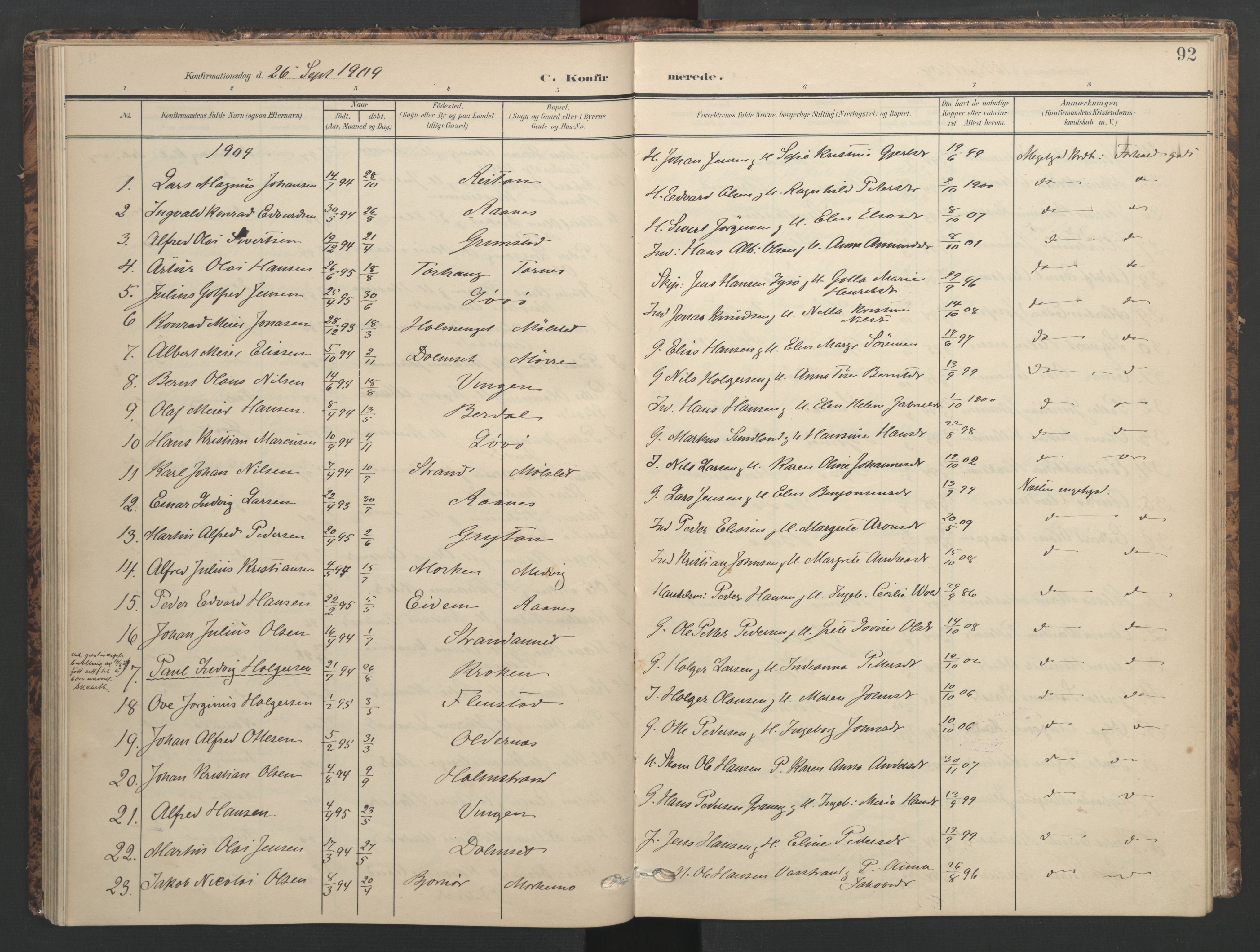 Ministerialprotokoller, klokkerbøker og fødselsregistre - Sør-Trøndelag, SAT/A-1456/655/L0682: Parish register (official) no. 655A11, 1908-1922, p. 92