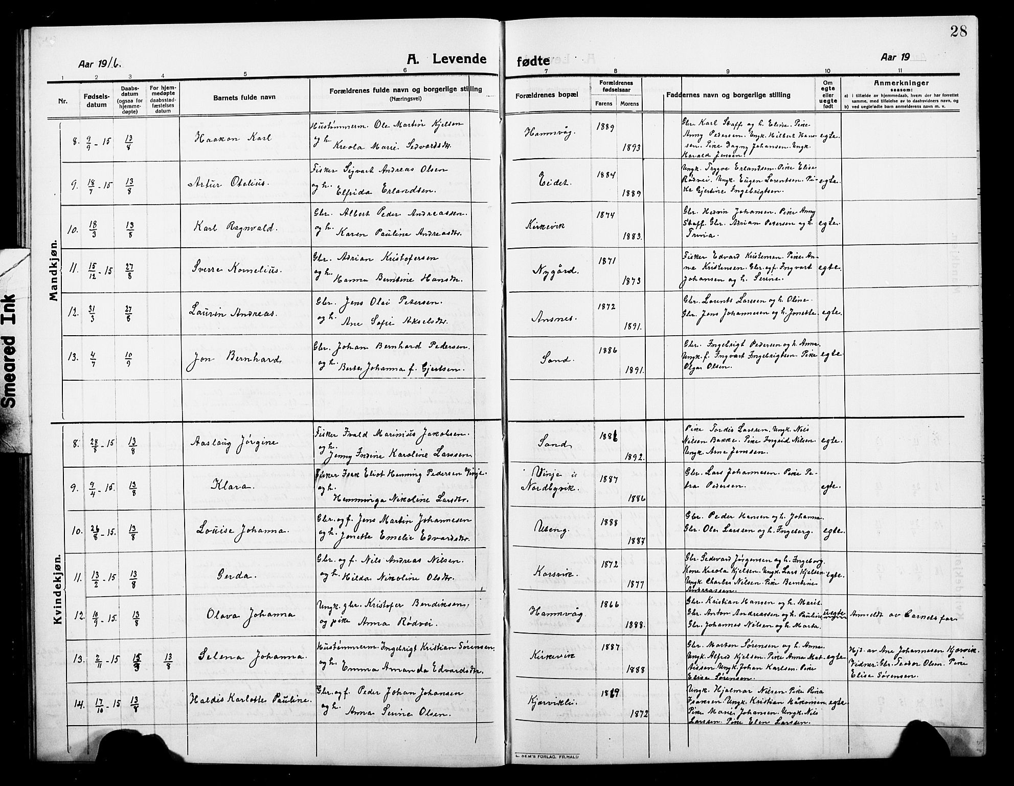 Balsfjord sokneprestembete, SATØ/S-1303/G/Ga/L0004klokker: Parish register (copy) no. 4, 1910-1926, p. 28