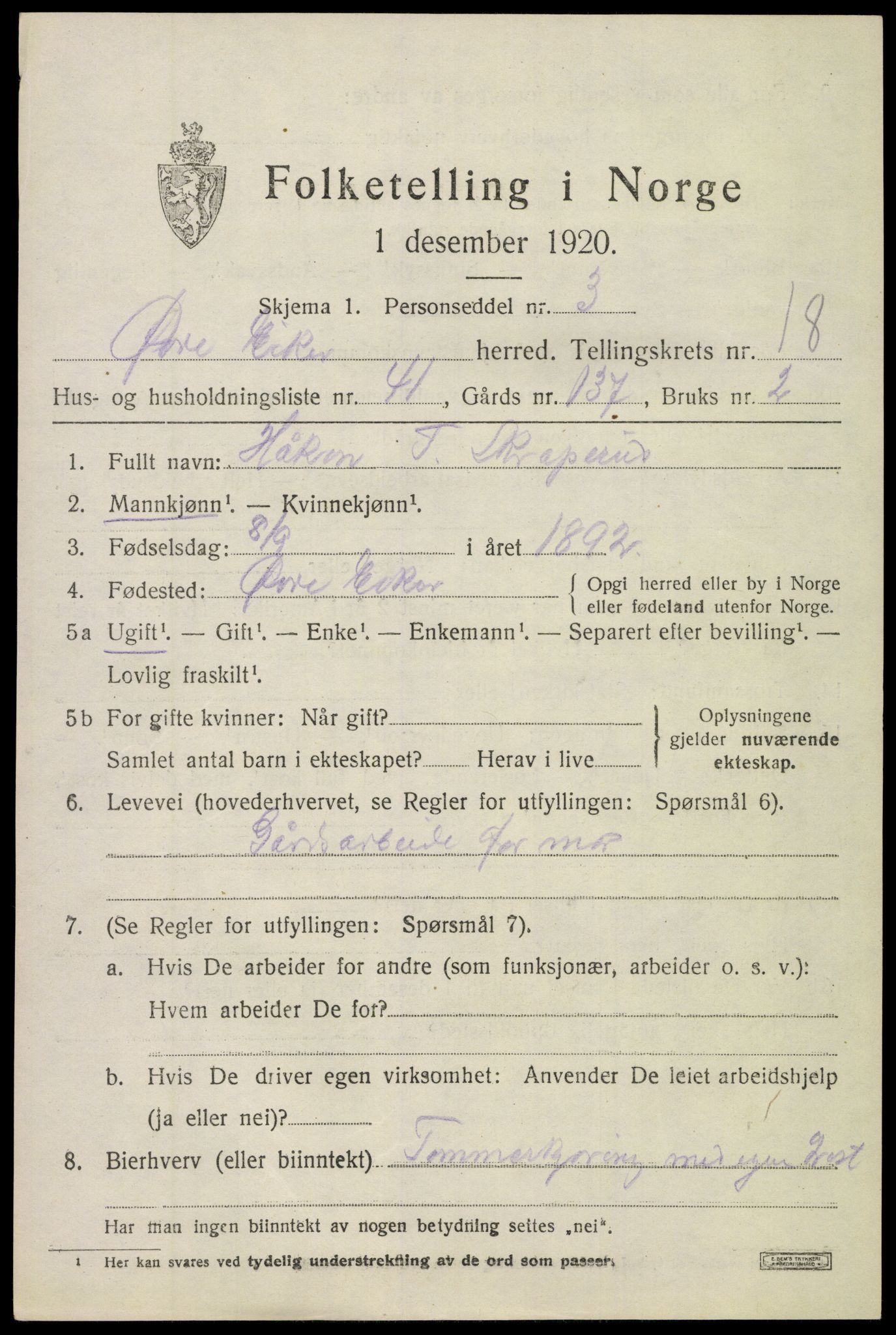 SAKO, 1920 census for Øvre Eiker, 1920, p. 22080