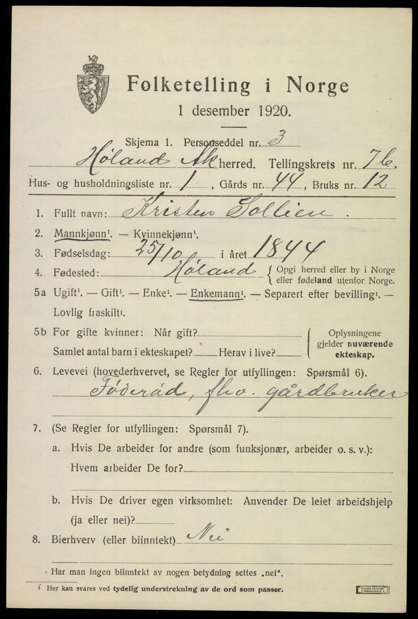 SAO, 1920 census for Høland, 1920, p. 9653