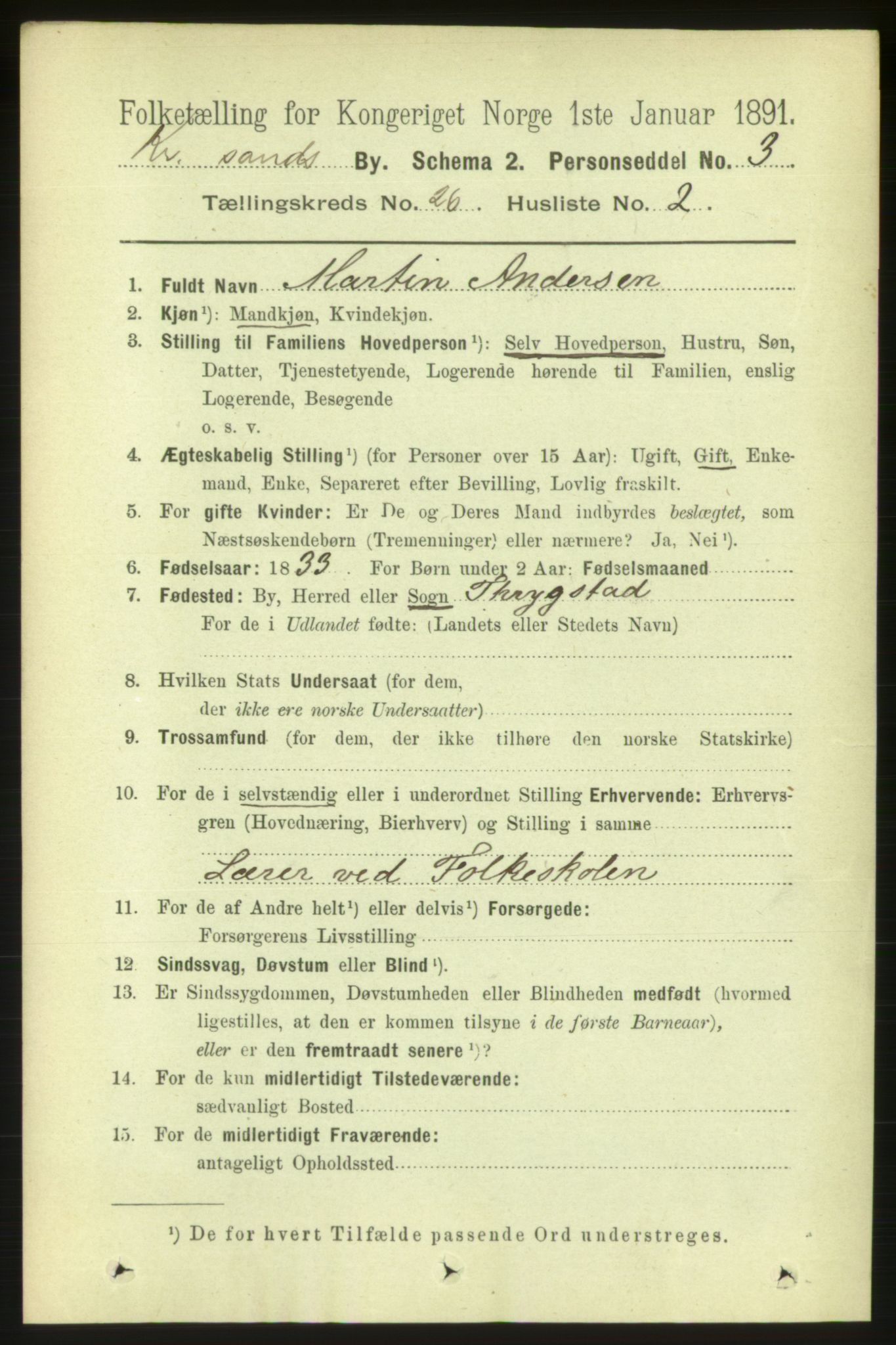 RA, 1891 census for 1001 Kristiansand, 1891, p. 8892