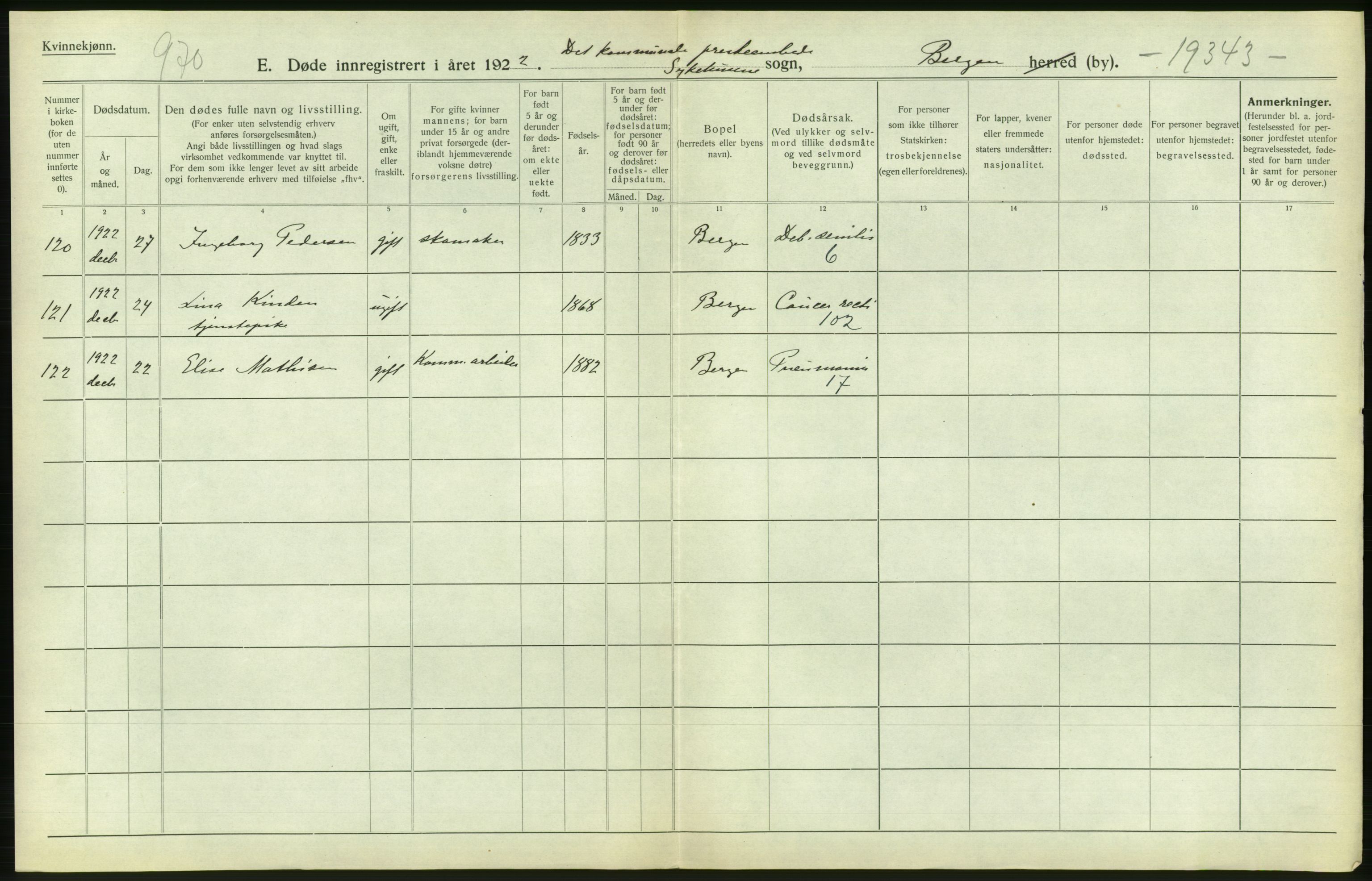 Statistisk sentralbyrå, Sosiodemografiske emner, Befolkning, AV/RA-S-2228/D/Df/Dfc/Dfcb/L0030: Bergen: Gifte, døde, dødfødte., 1922, p. 370