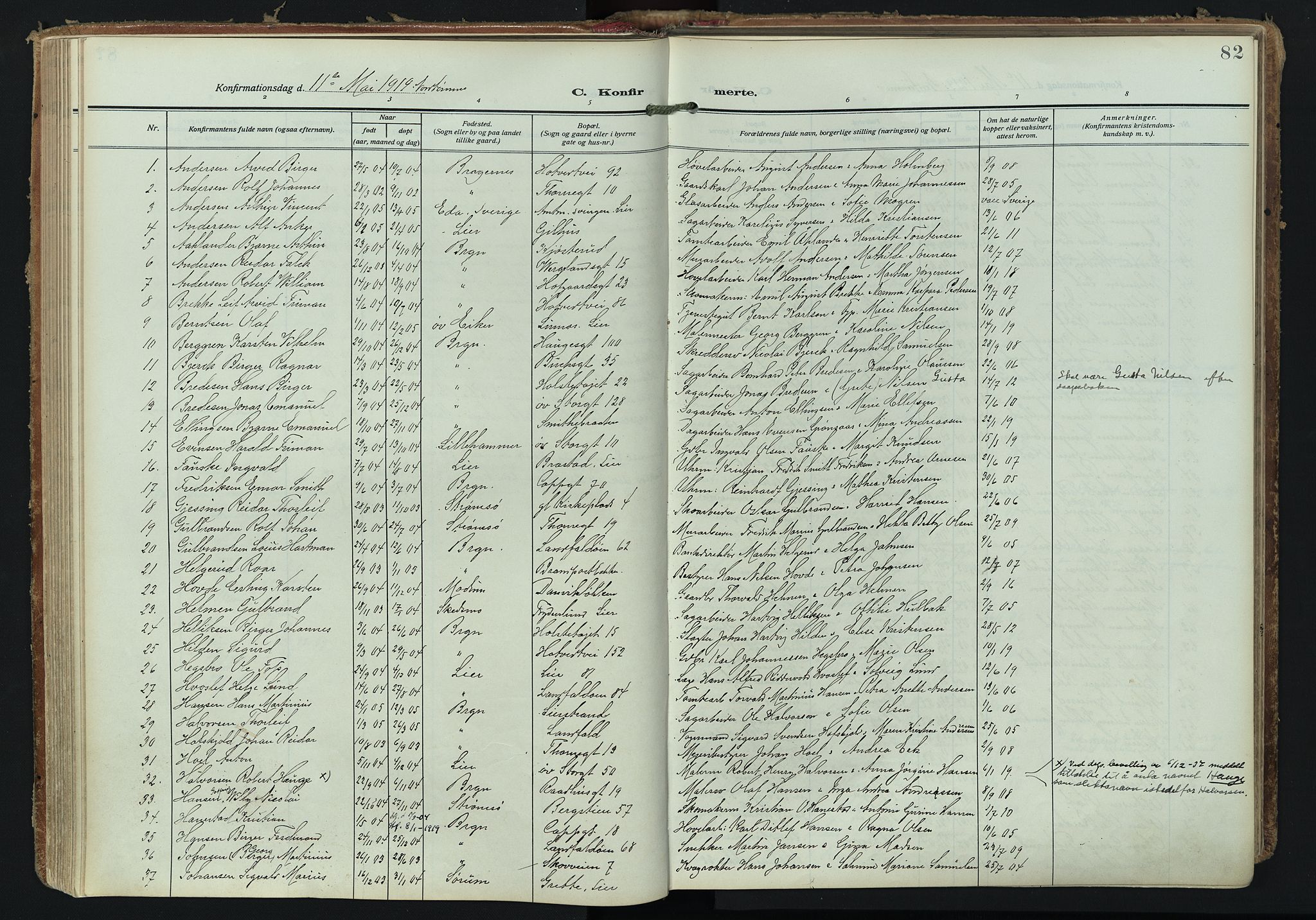 Bragernes kirkebøker, SAKO/A-6/F/Fc/L0008: Parish register (official) no. III 8, 1909-1921, p. 82