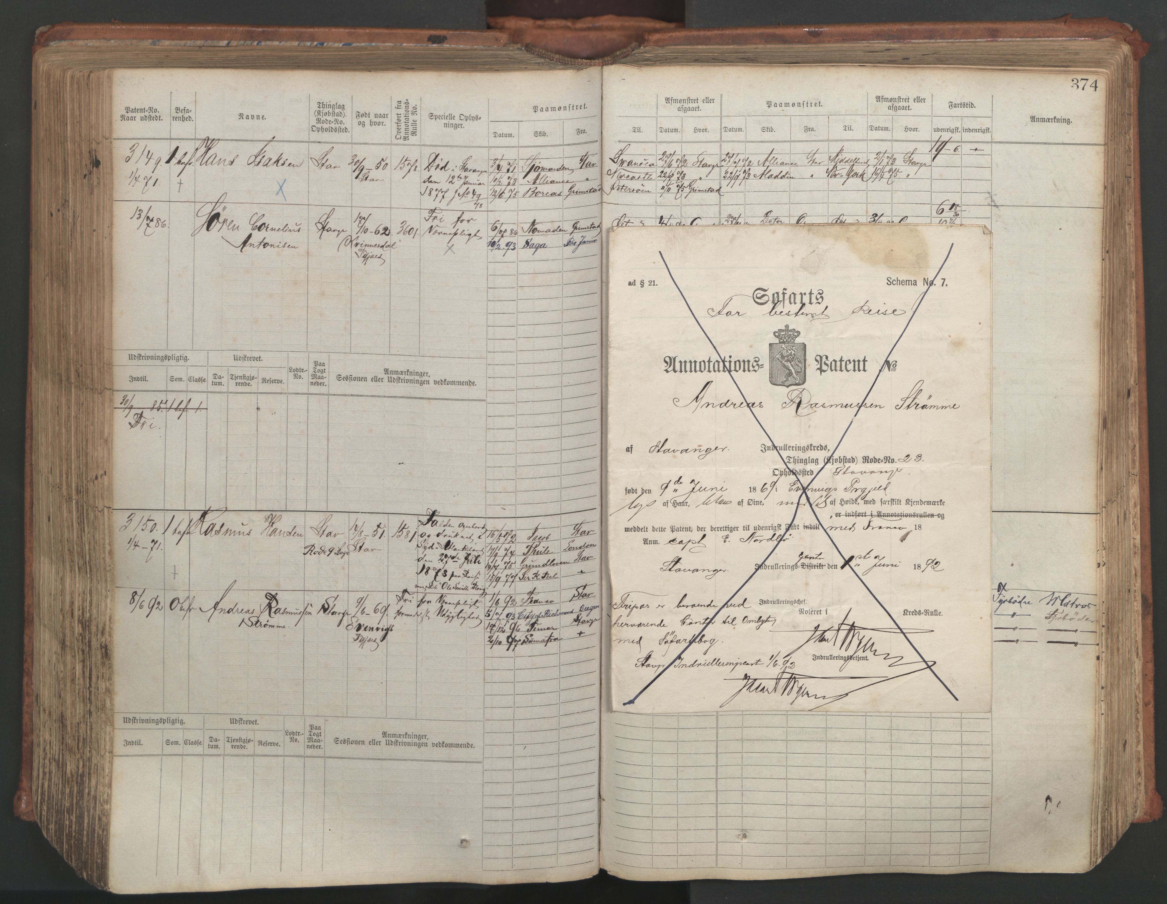 Stavanger sjømannskontor, AV/SAST-A-102006/F/Fb/Fbb/L0007: Sjøfartshovedrulle, patentnr. 2403-3604, 1869-1880, p. 418