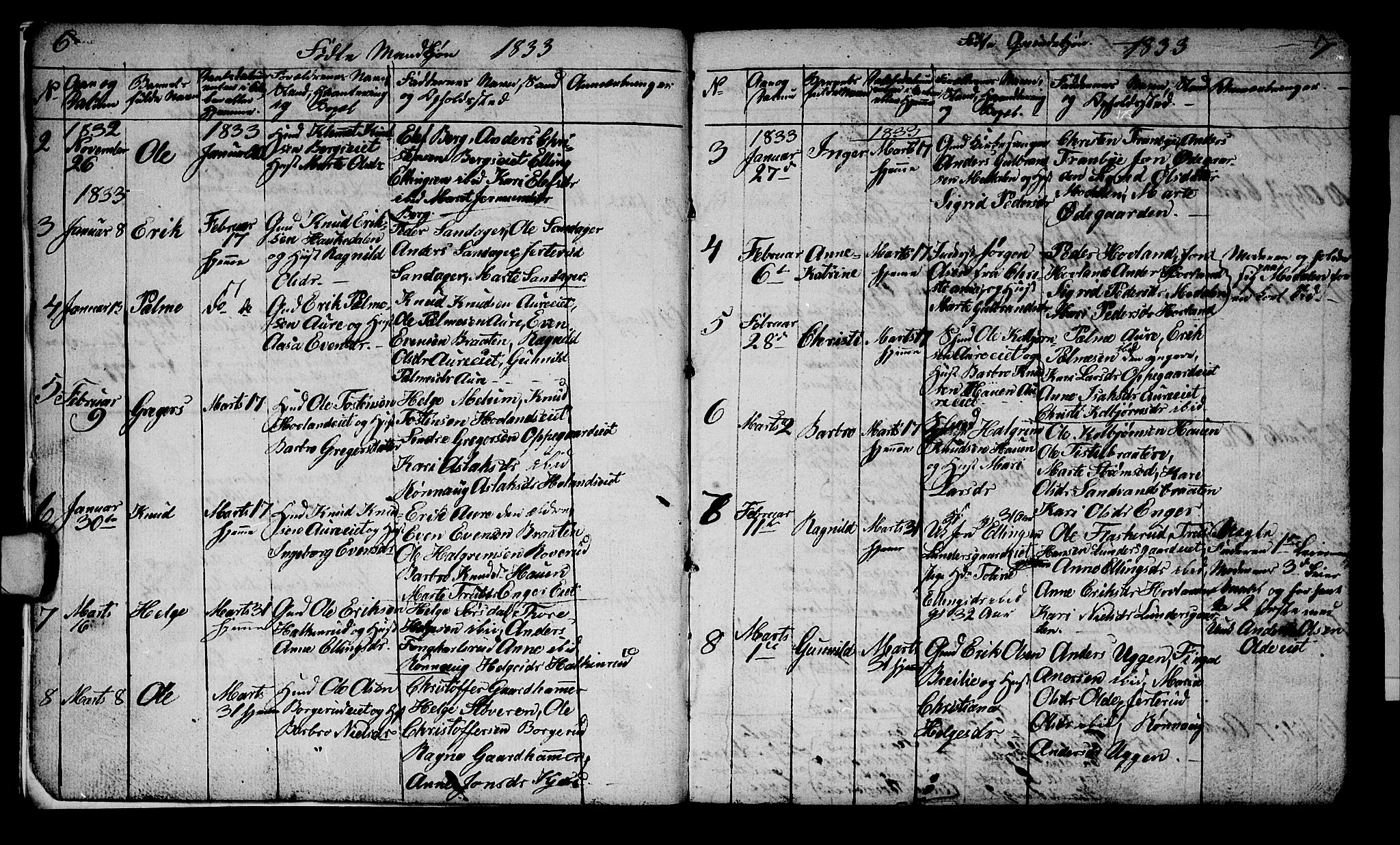 Lunder kirkebøker, AV/SAKO-A-629/G/Ga/L0001: Parish register (copy) no. I 1, 1832-1849, p. 6-7