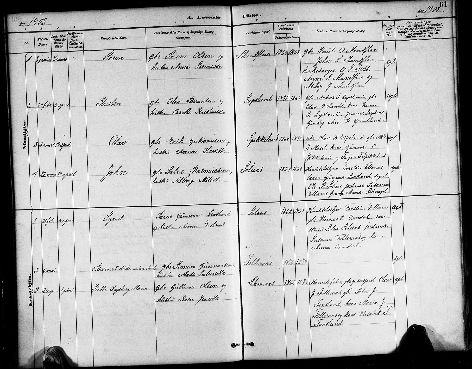 Bjelland sokneprestkontor, SAK/1111-0005/F/Fb/Fbb/L0005: Parish register (copy) no. B 5, 1887-1918, p. 61