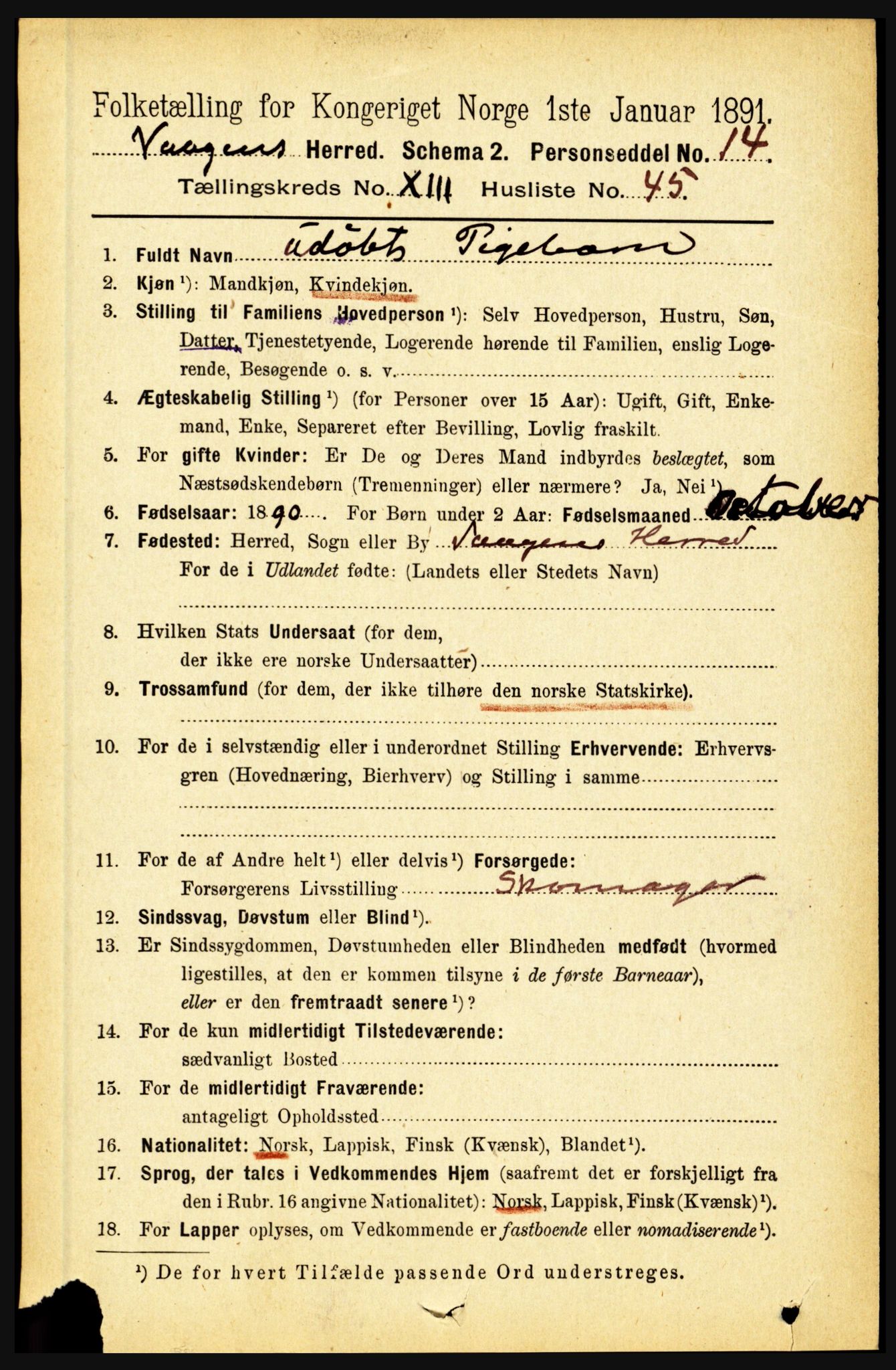 RA, 1891 census for 1865 Vågan, 1891, p. 3600