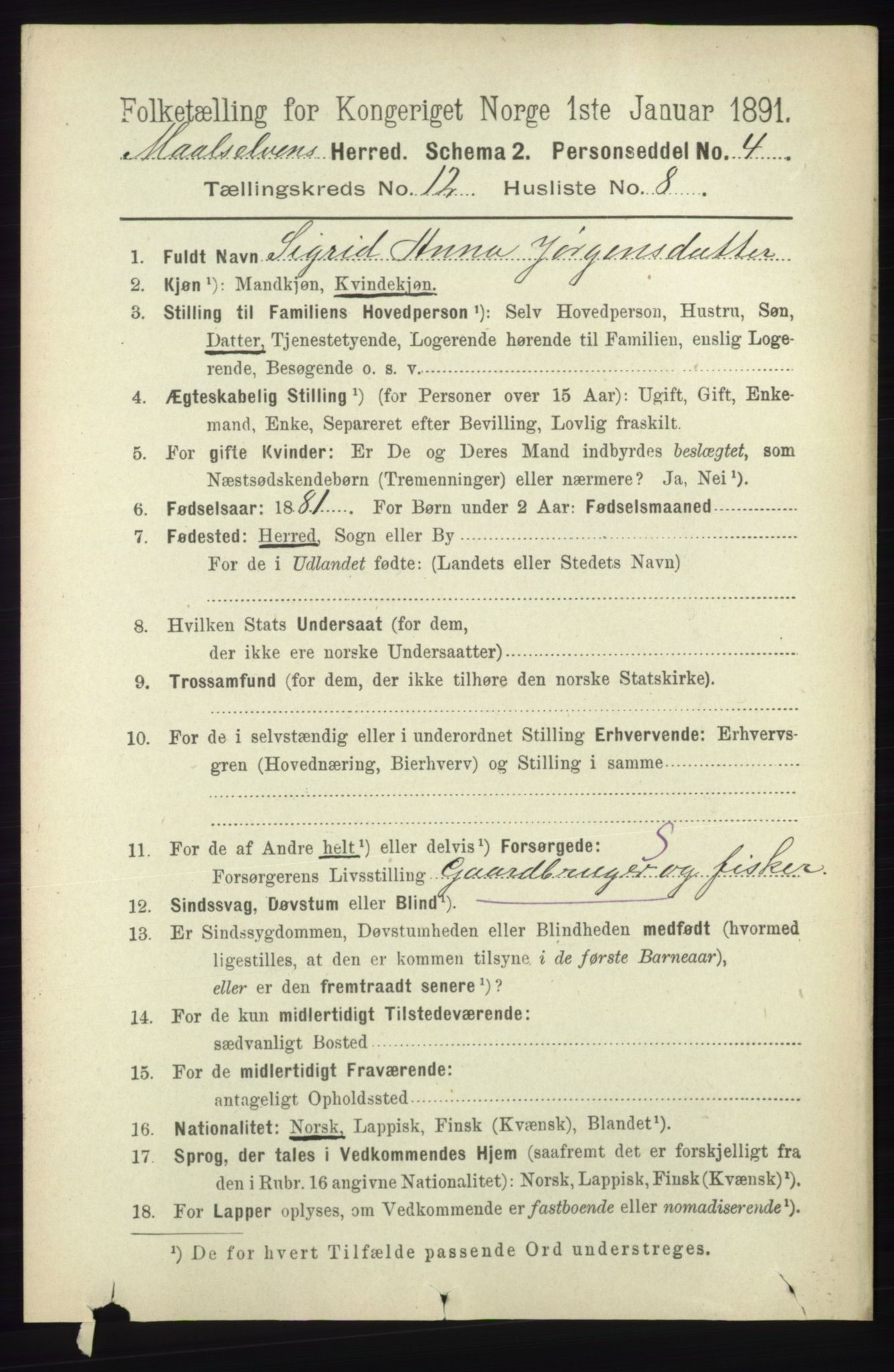RA, 1891 census for 1924 Målselv, 1891, p. 3838