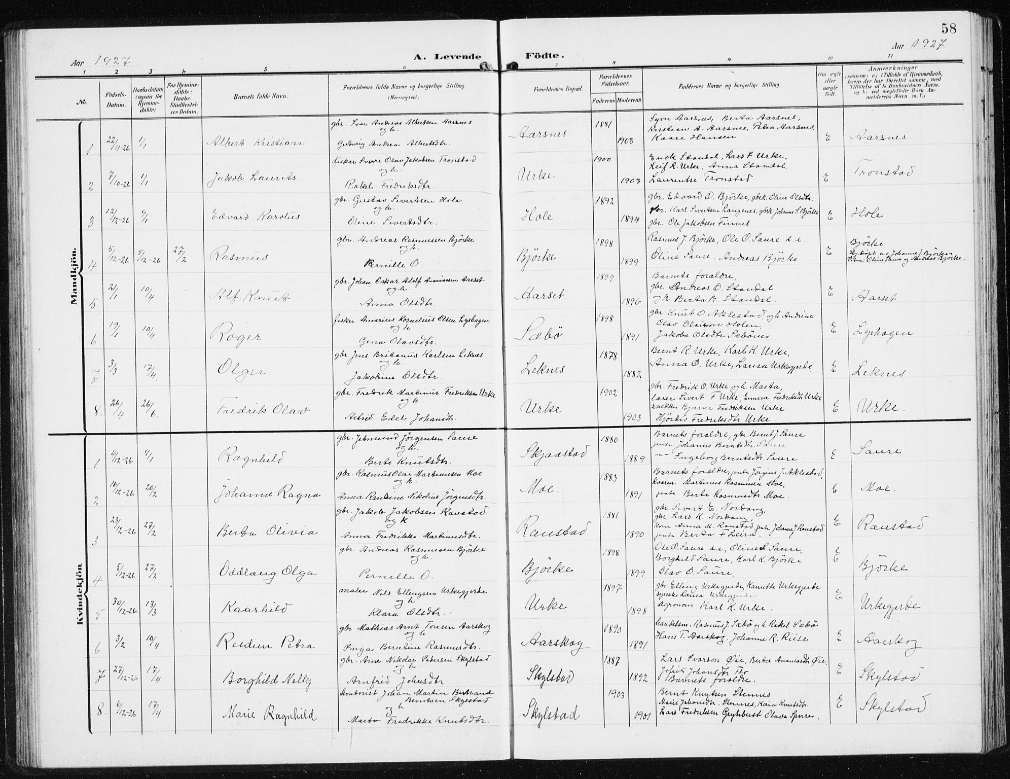 Ministerialprotokoller, klokkerbøker og fødselsregistre - Møre og Romsdal, SAT/A-1454/515/L0216: Parish register (copy) no. 515C03, 1906-1941, p. 58