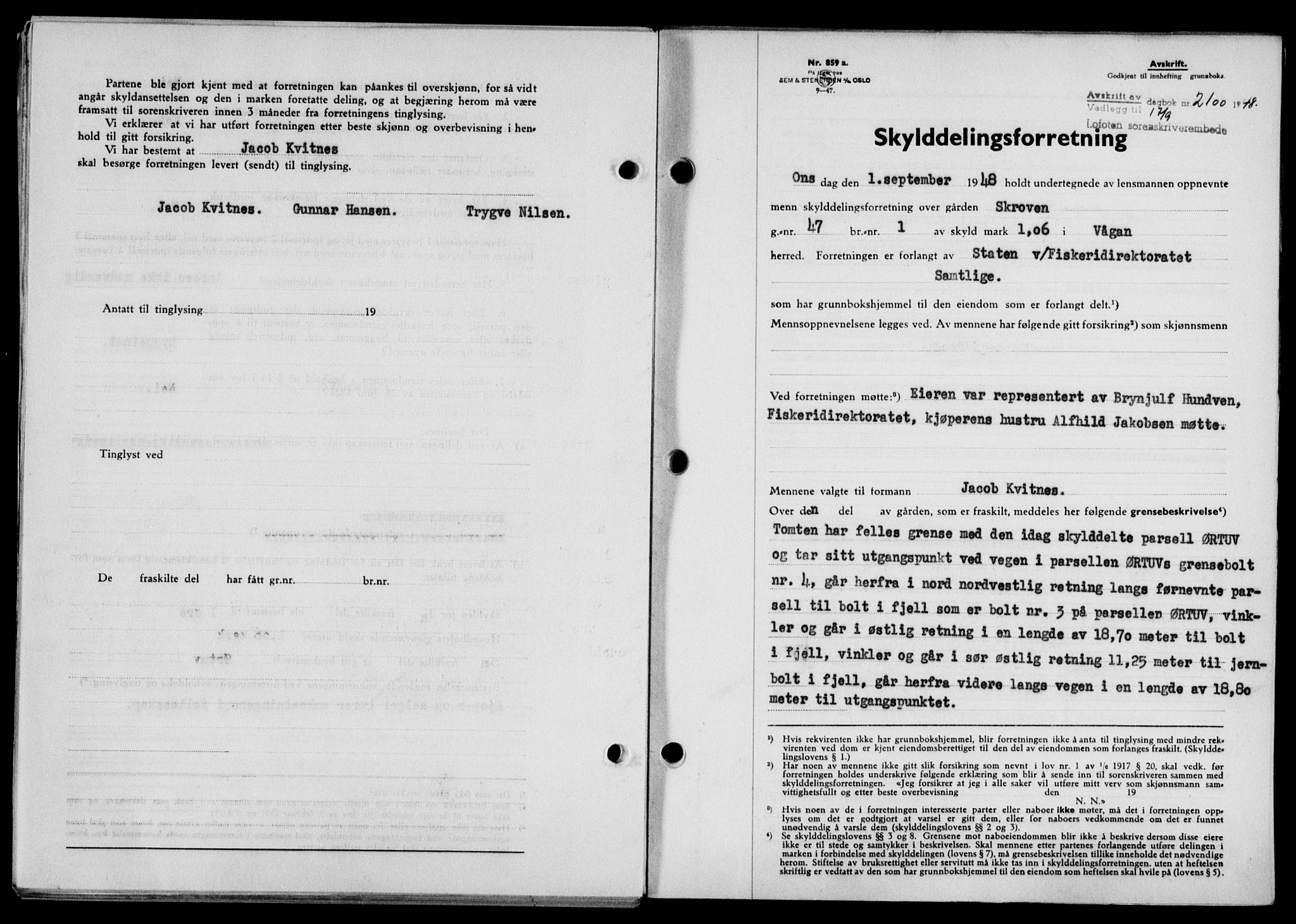 Lofoten sorenskriveri, SAT/A-0017/1/2/2C/L0019a: Mortgage book no. 19a, 1948-1948, Diary no: : 2100/1948