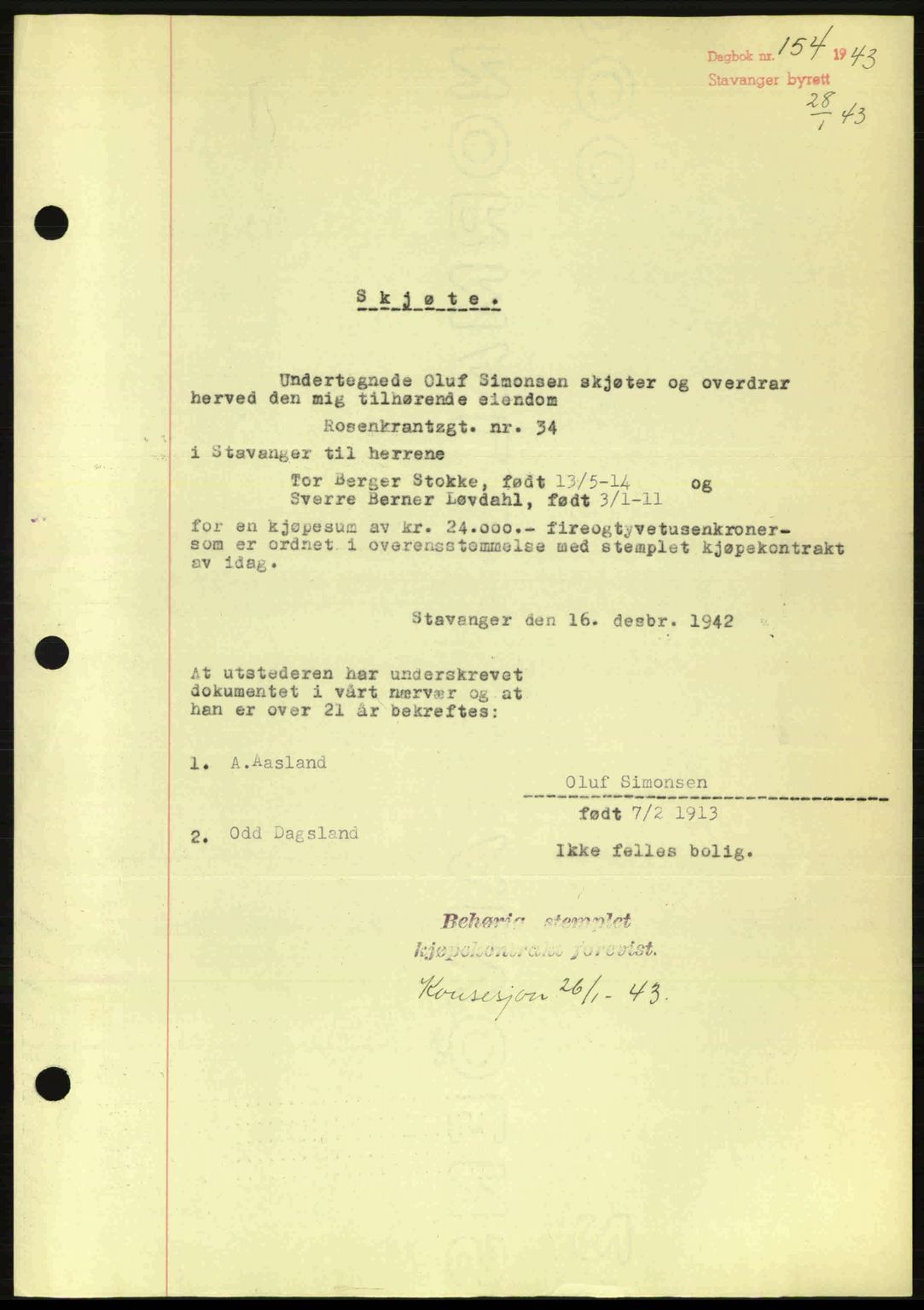 Stavanger byrett, SAST/A-100455/002/G/Gb/L0017: Mortgage book no. A7, 1941-1943, Diary no: : 154/1943