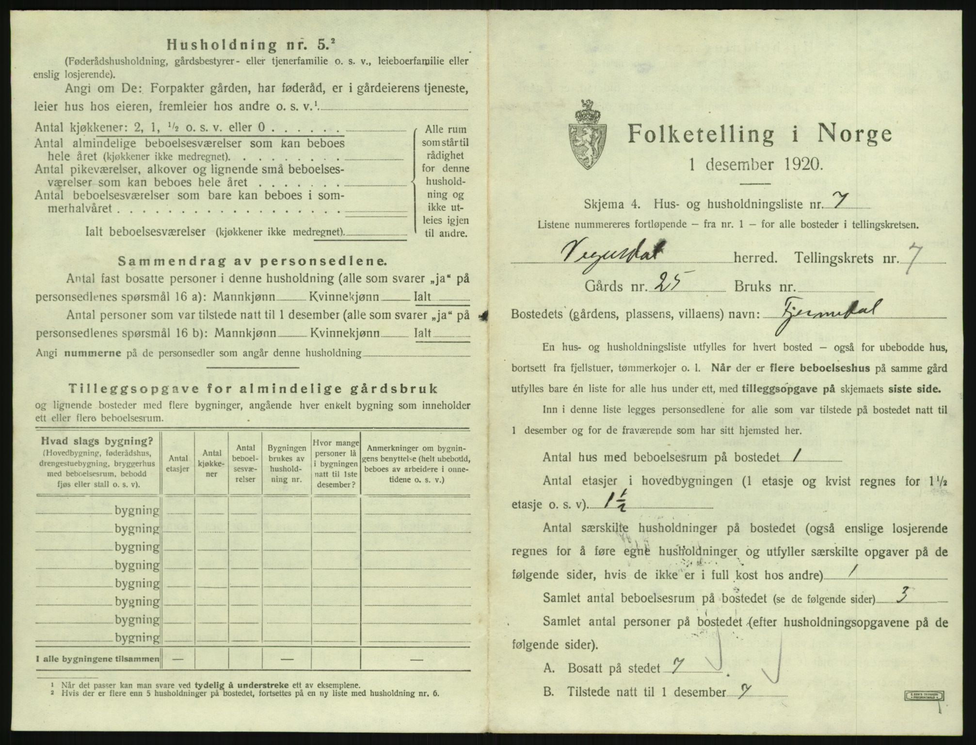 SAK, 1920 census for Vegusdal, 1920, p. 287