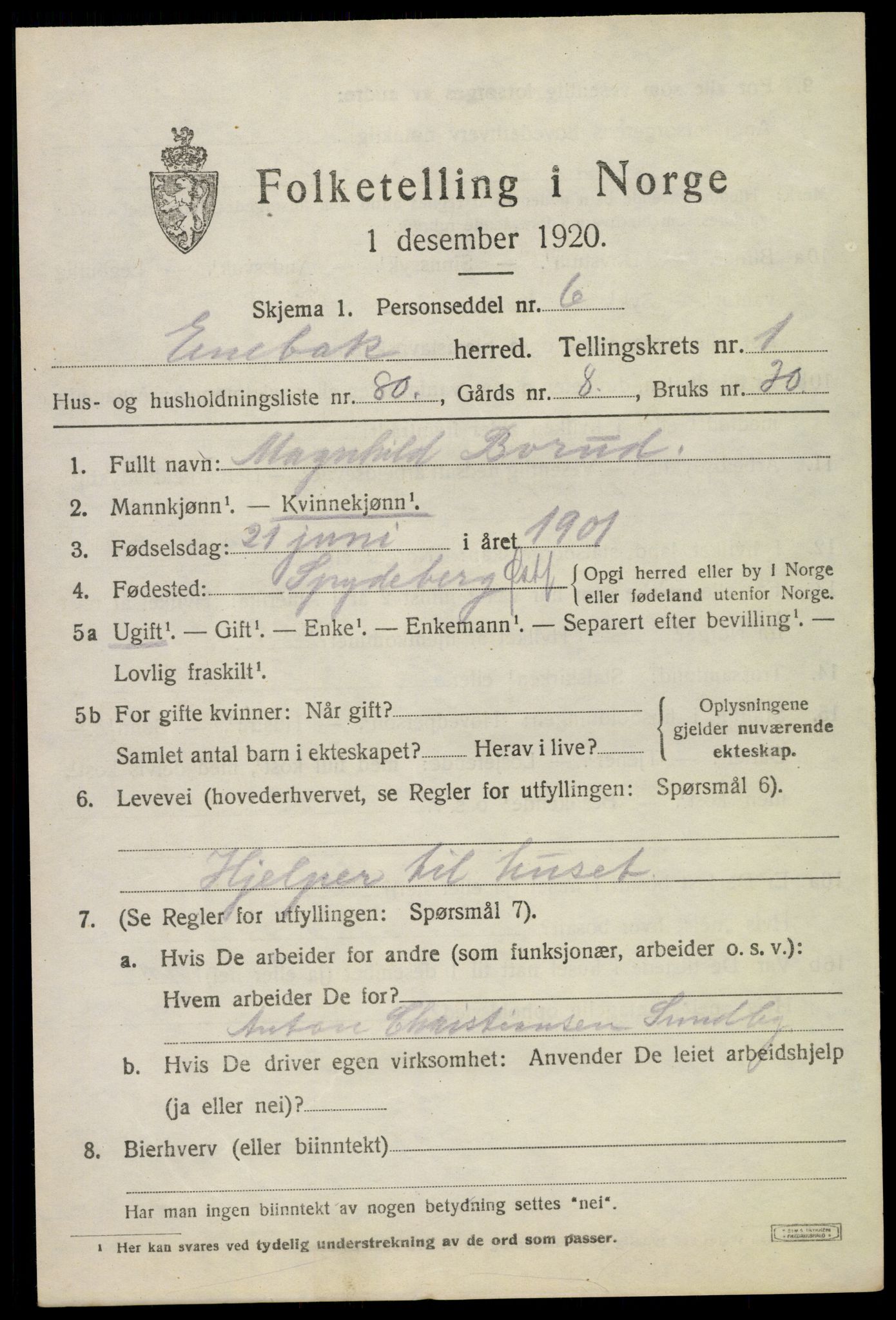 SAO, 1920 census for Enebakk, 1920, p. 2065