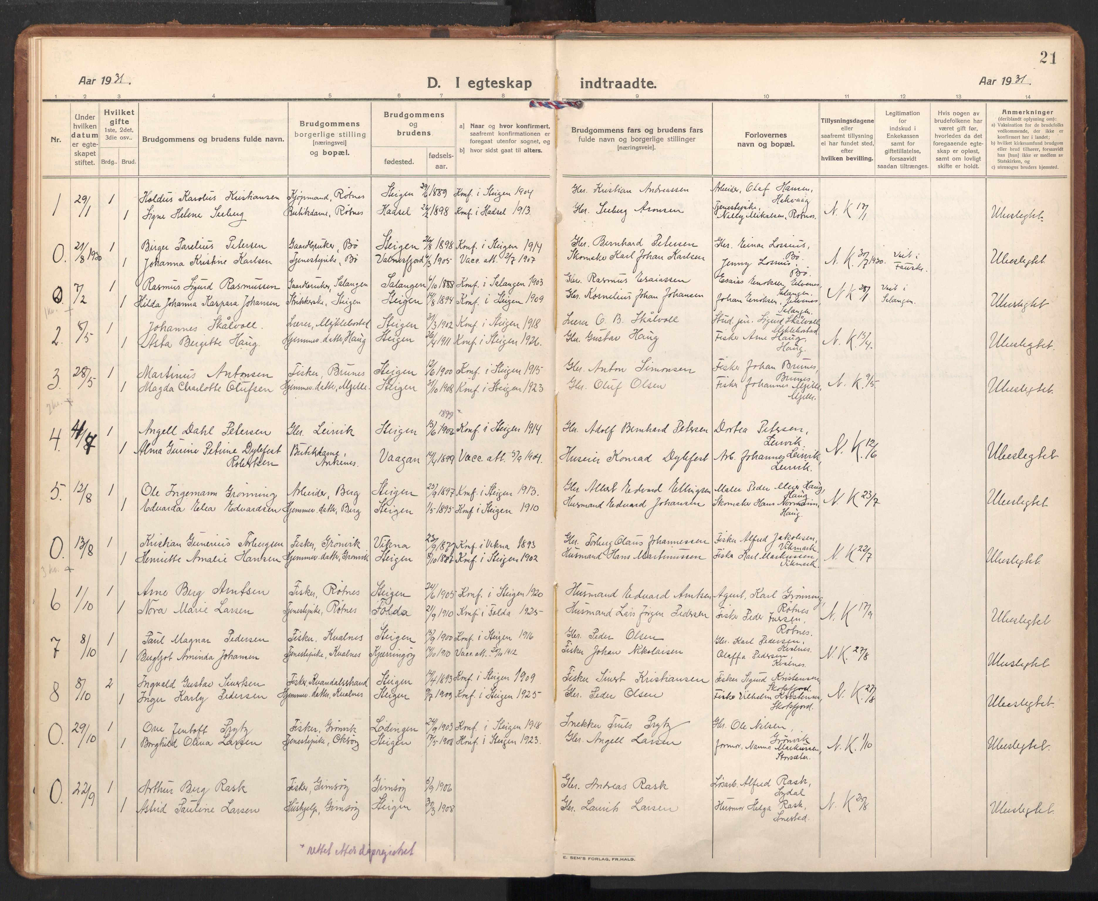Ministerialprotokoller, klokkerbøker og fødselsregistre - Nordland, SAT/A-1459/855/L0809: Parish register (official) no. 855A18, 1921-1939, p. 21