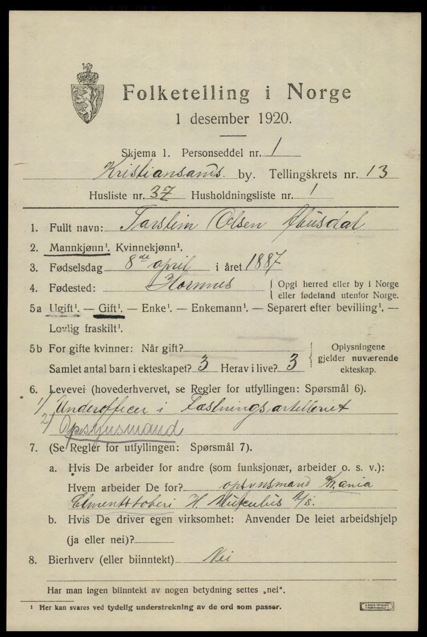 SAK, 1920 census for Kristiansand, 1920, p. 27883