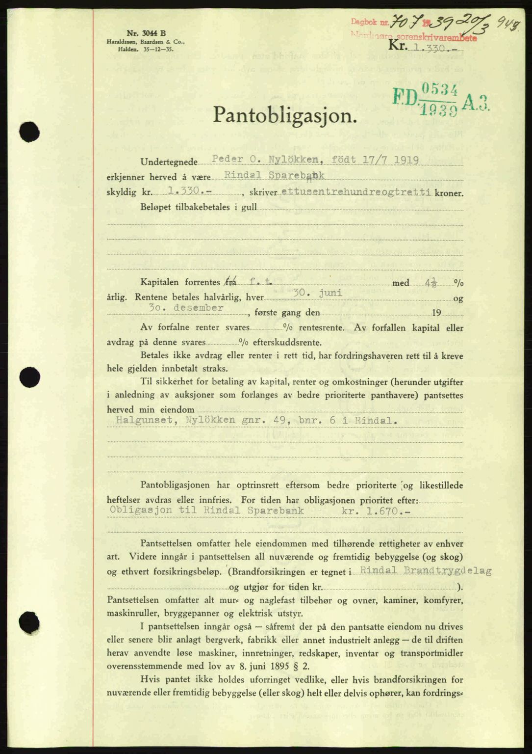 Nordmøre sorenskriveri, SAT/A-4132/1/2/2Ca: Mortgage book no. B84, 1938-1939, Diary no: : 707/1939
