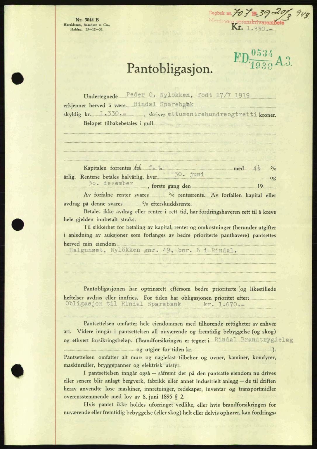 Nordmøre sorenskriveri, AV/SAT-A-4132/1/2/2Ca: Mortgage book no. B84, 1938-1939, Diary no: : 707/1939