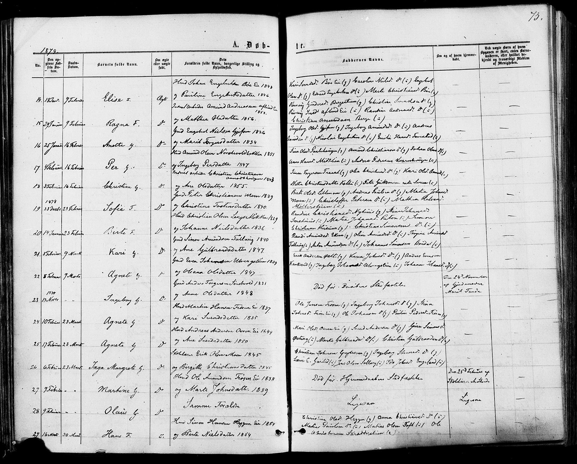 Østre Gausdal prestekontor, SAH/PREST-092/H/Ha/Haa/L0001: Parish register (official) no. 1, 1874-1886, p. 73
