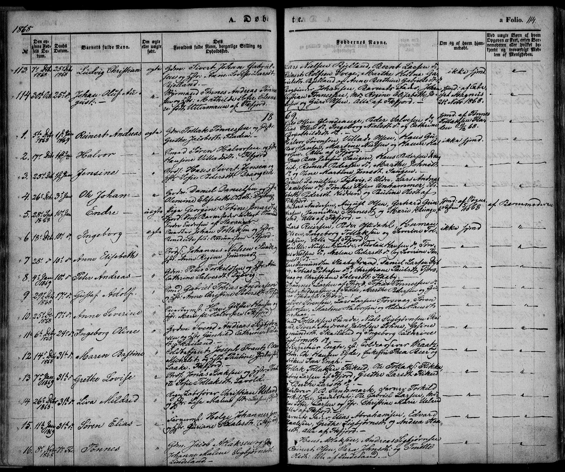 Flekkefjord sokneprestkontor, SAK/1111-0012/F/Fa/Fac/L0005: Parish register (official) no. A 5, 1849-1875, p. 114