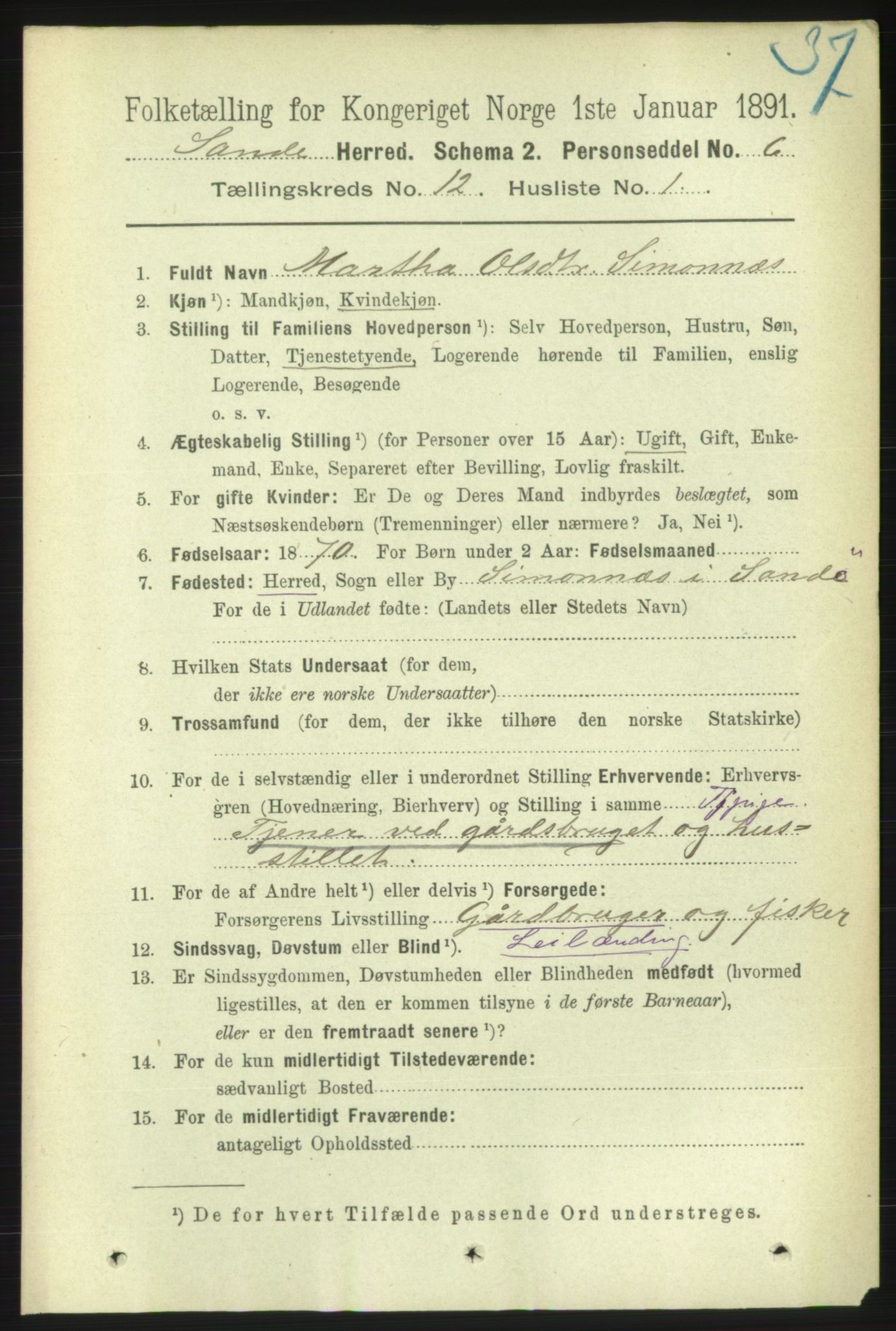 RA, 1891 census for 1514 Sande, 1891, p. 2244