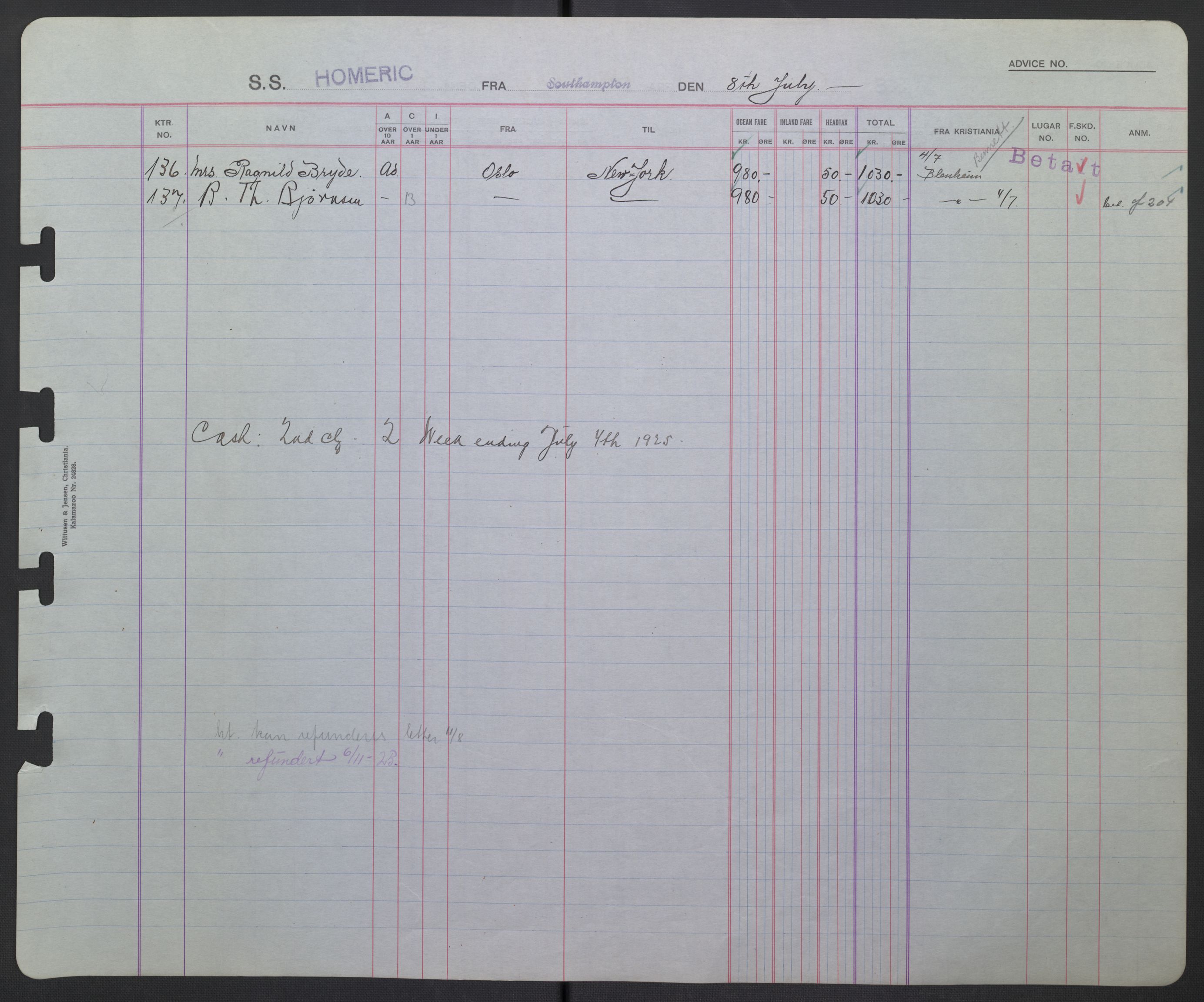 White Star-linjen, AV/SAO-PAO-0201/D/Db/L0002: Passasjerlister, 1924-1927, p. 146