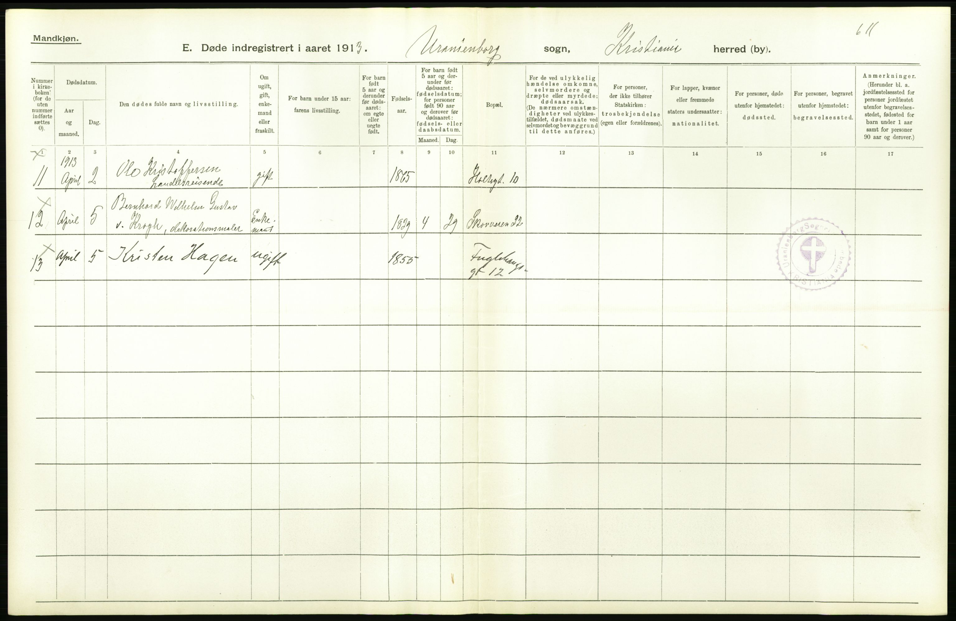 Statistisk sentralbyrå, Sosiodemografiske emner, Befolkning, AV/RA-S-2228/D/Df/Dfb/Dfbc/L0009: Kristiania: Døde., 1913, p. 462