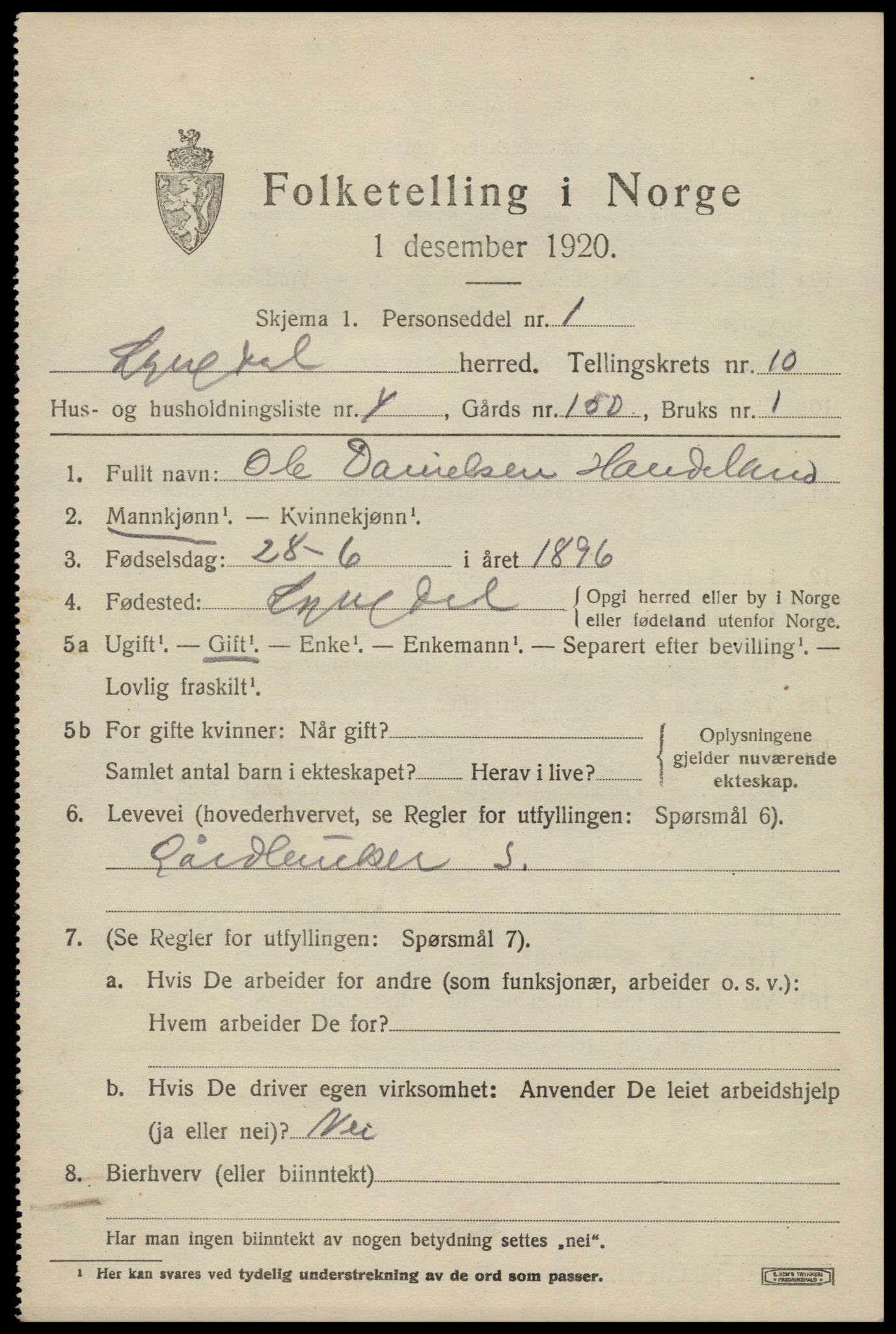 SAK, 1920 census for Lyngdal, 1920, p. 4889