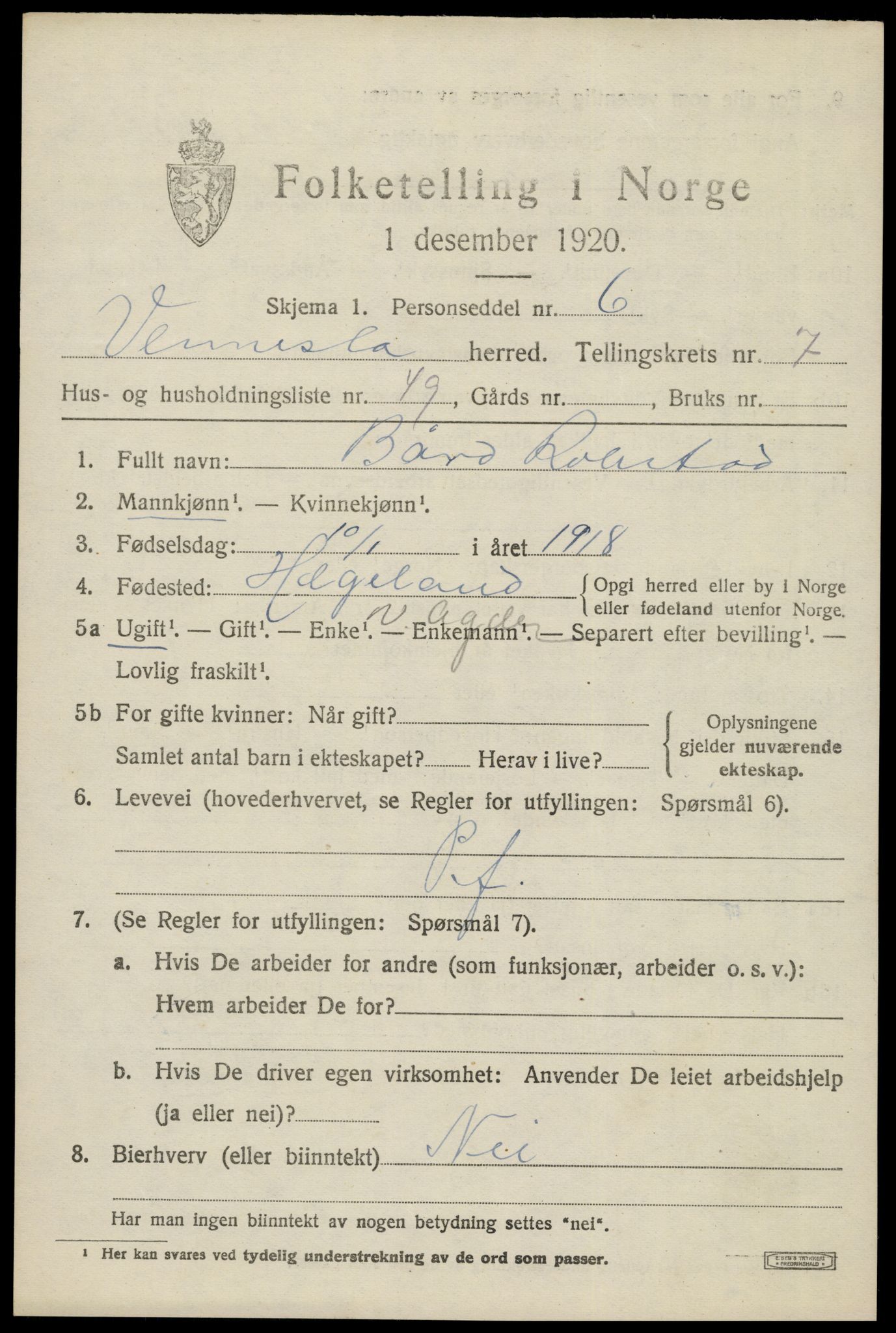 SAK, 1920 census for Vennesla, 1920, p. 5504