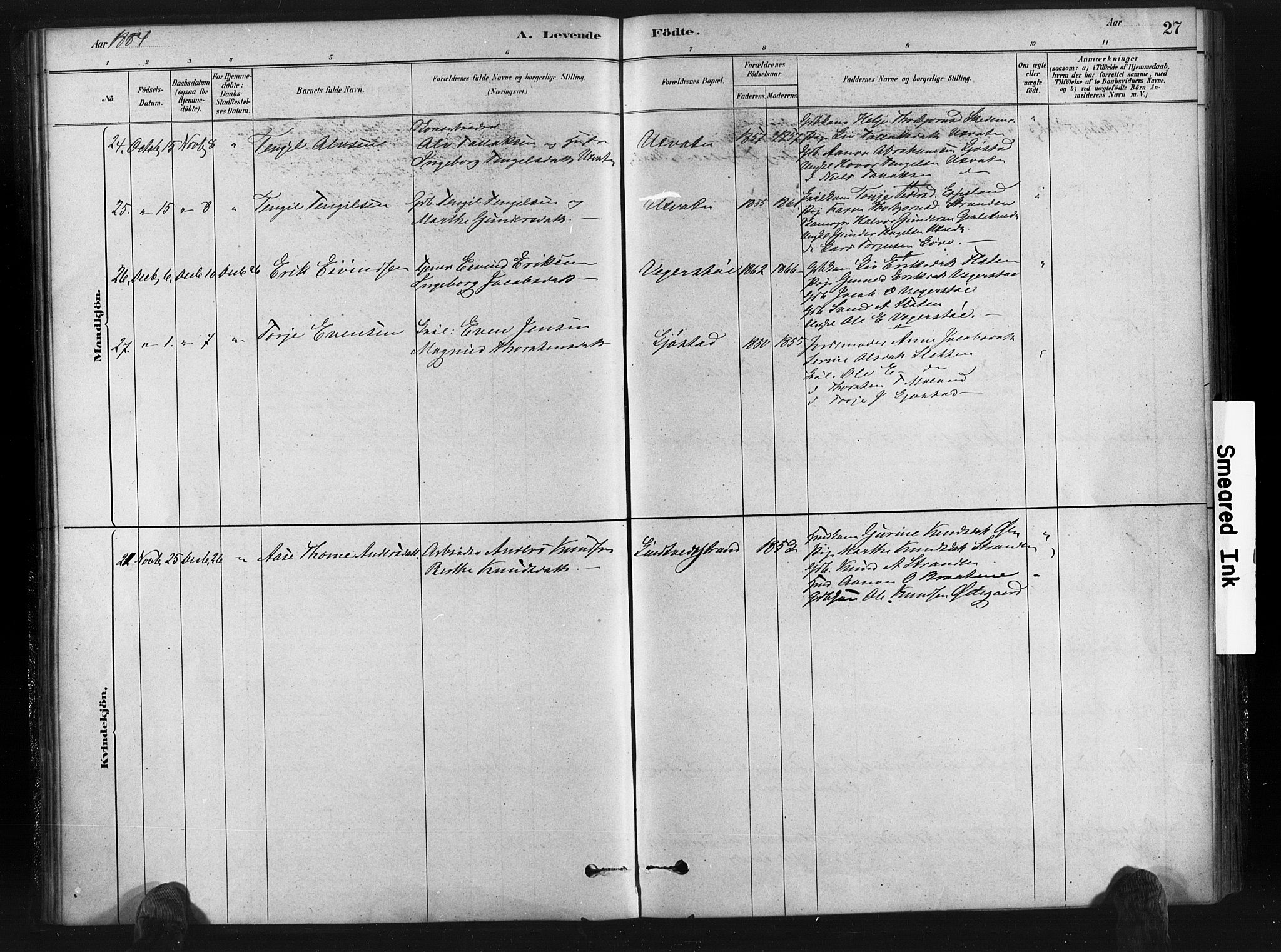 Gjerstad sokneprestkontor, AV/SAK-1111-0014/F/Fa/Fab/L0004: Parish register (official) no. A 4, 1879-1890, p. 27